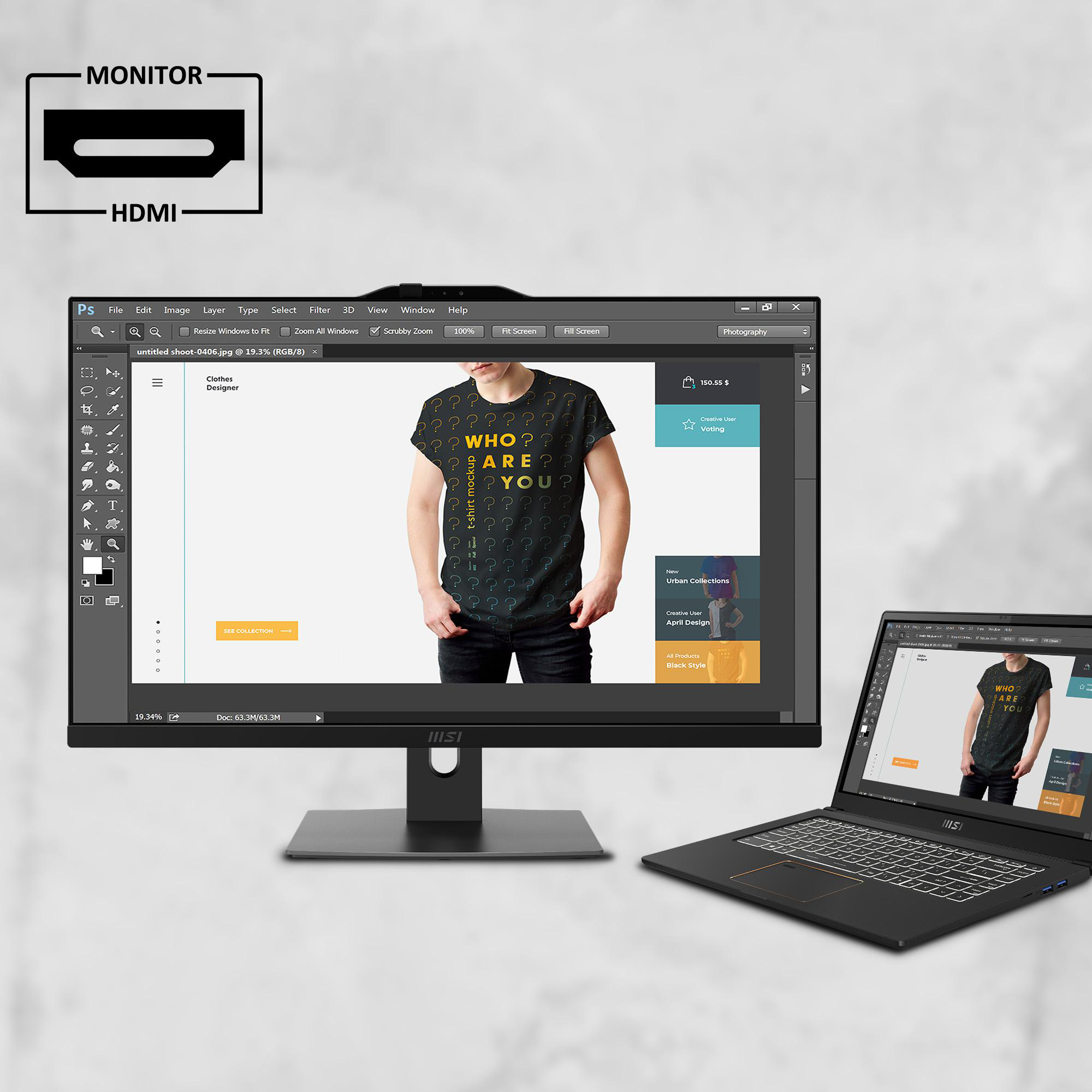 Ein Monitor und ein Laptop zeigen ein T-Shirt-Design mit der Aufschrift 'WHO ARE YOU?'. Der Monitor zeigt Photoshop.
