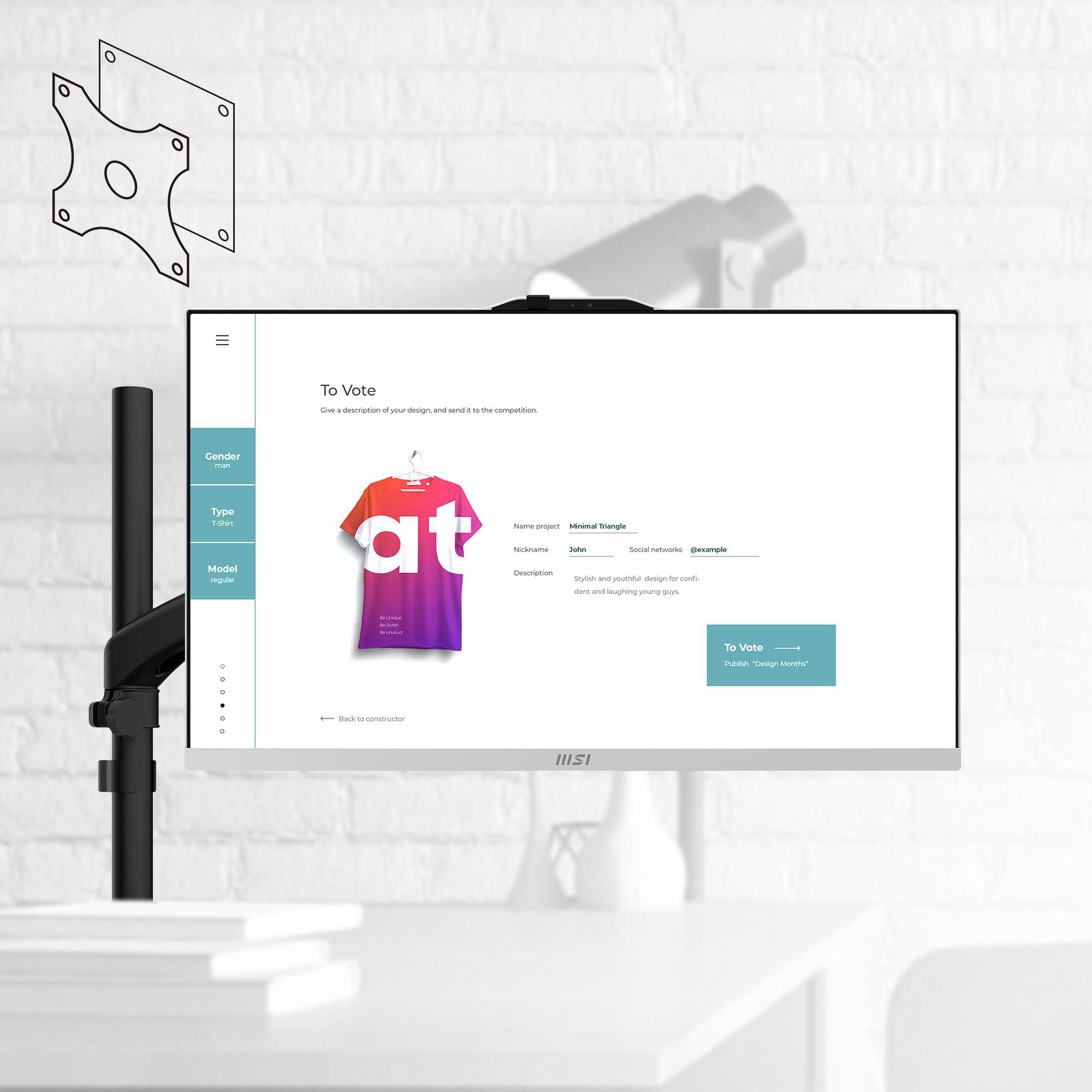 Monitor zeigt Designdetails. T-Shirt-Design mit 'at' Logo. Textfelder und Buttons sind sichtbar.