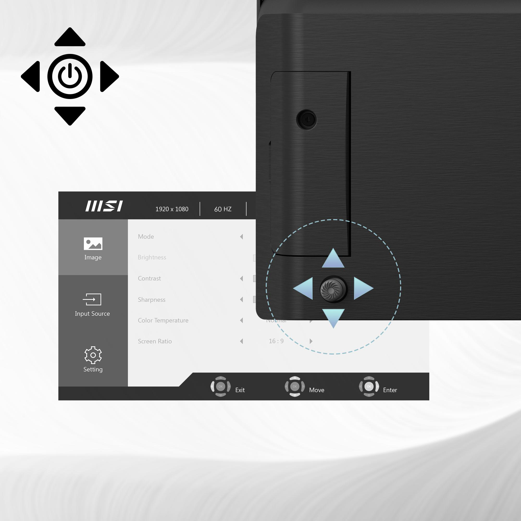 Monitor mit Bildschirmmenü. Menüsteuerungstasten und Ein/Aus-Schalter-Symbole sind sichtbar. Display-Einstellungen sind zugänglich.