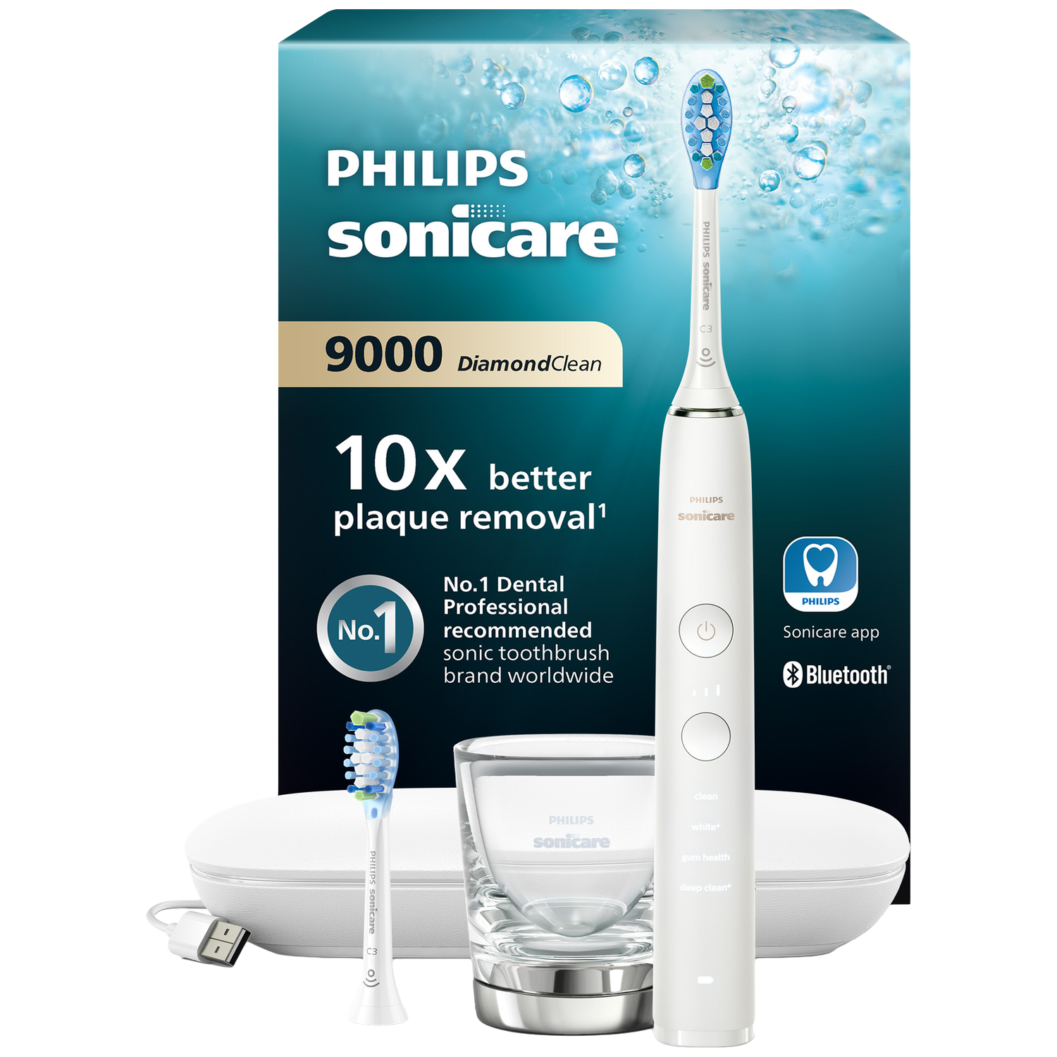 Een Philips Sonicare tandenborstelset. Het bevat de tandenborstel, oplaadbasis, glas en een reserve opzetborstel.