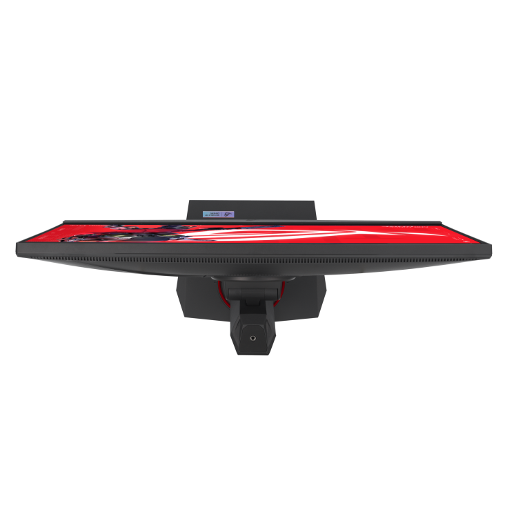 Widok z góry na monitor do gier. Czarna ramka z czerwonymi akcentami i ozdobnym ekranem. Podstawa jest czarna z czerwonym okręgiem.