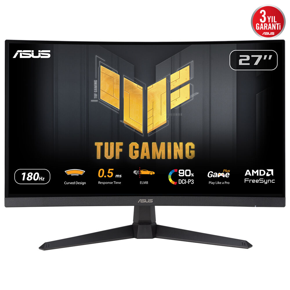 Zakrzywiony monitor ASUS TUF Gaming. Posiada 180Hz, czas reakcji 0,5ms i AMD FreeSync. Ma ekran 27".