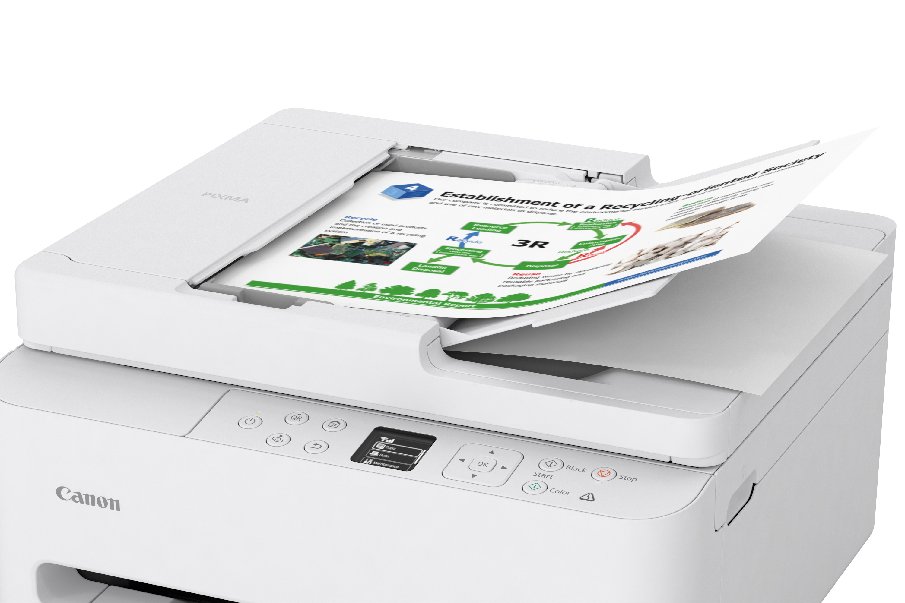 Biała drukarka Canon drukuje dokument zatytułowany 'Establishment of a Recycling-oriented Society'.