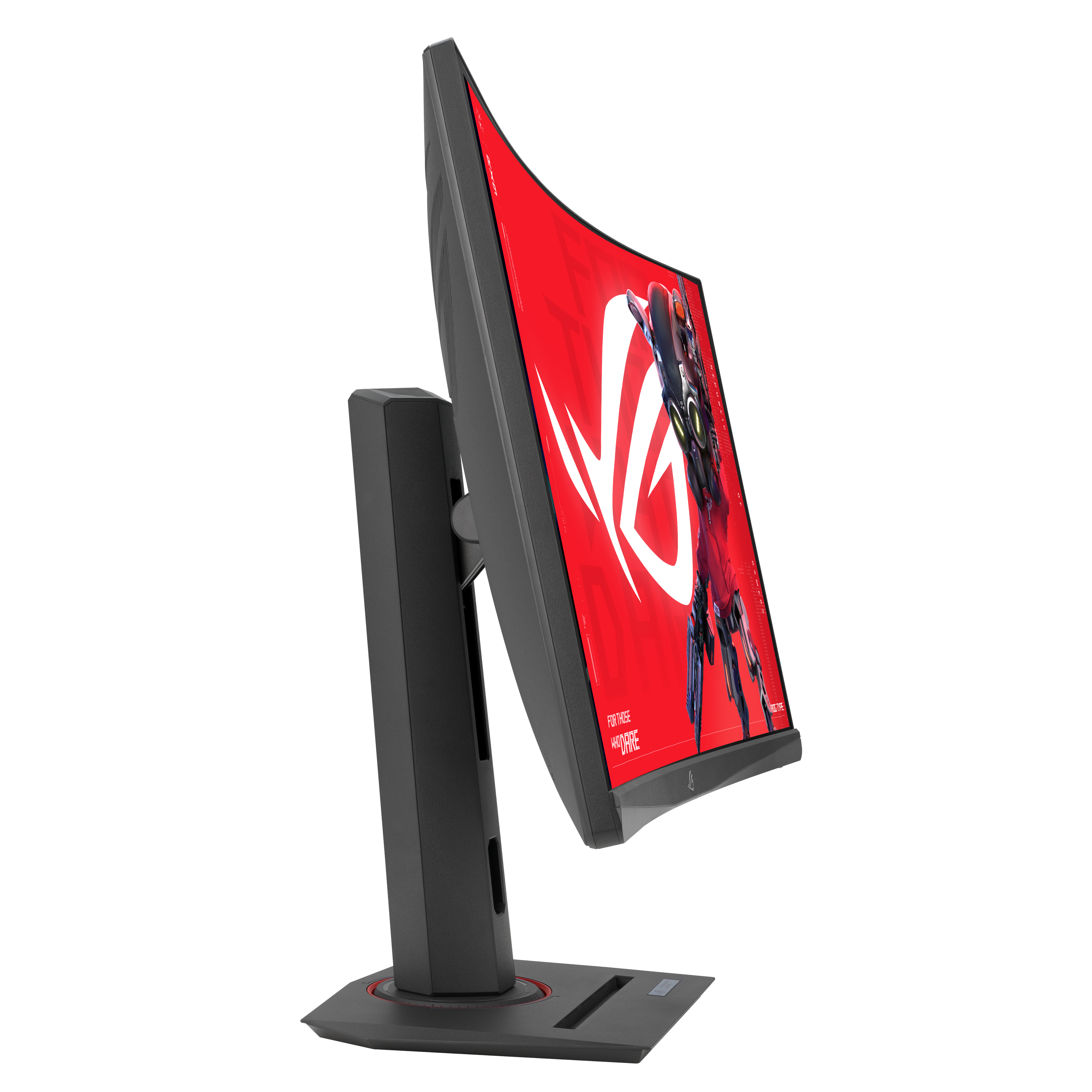 Zakrzywiony monitor do gier na czarnym tle. Ekran wyświetla czerwoną grafikę z białym logo.