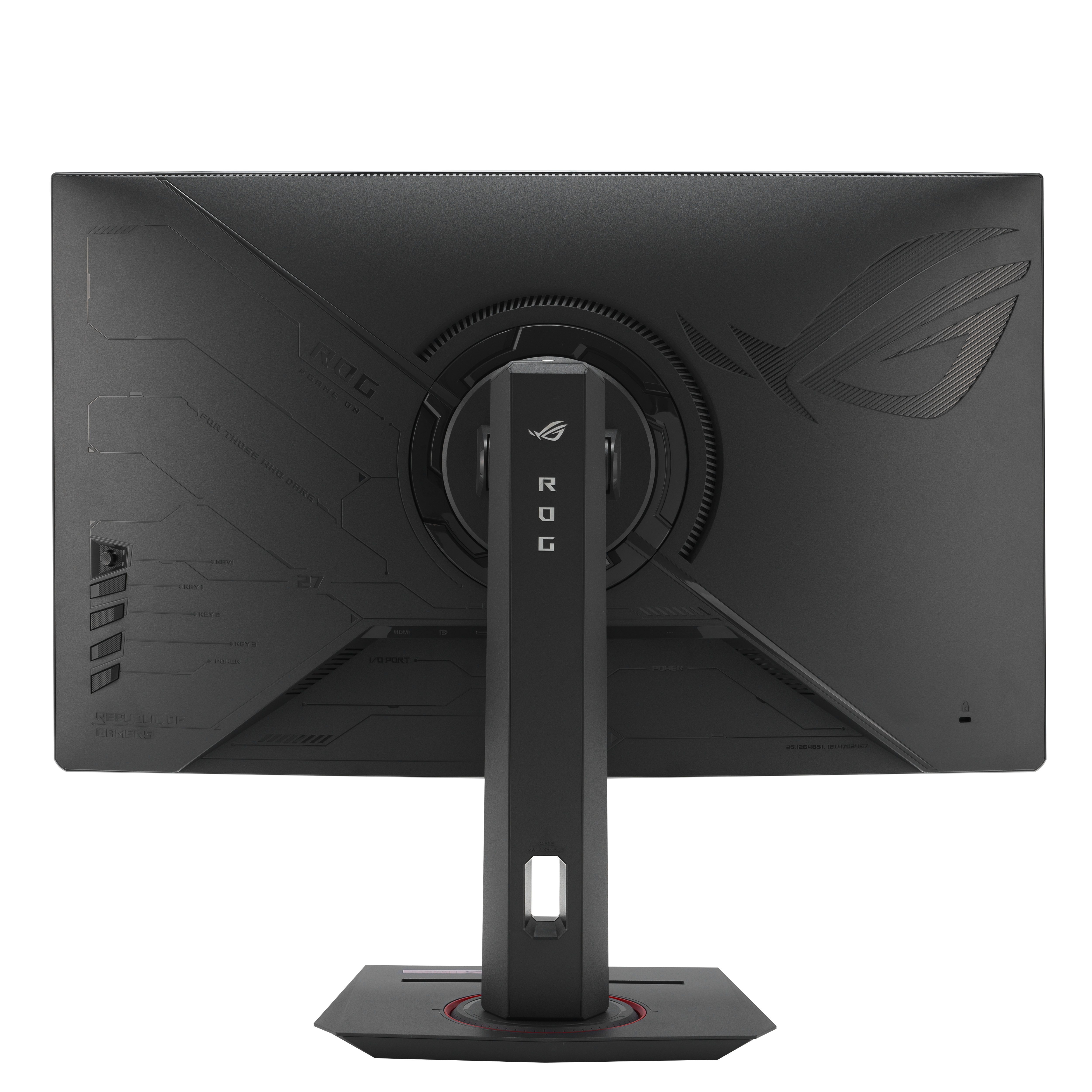 Tył czarnego monitora gamingowego ROG. Posiada podstawę, logo i porty. Design zawiera grawerowany tekst i geometryczne wzory.