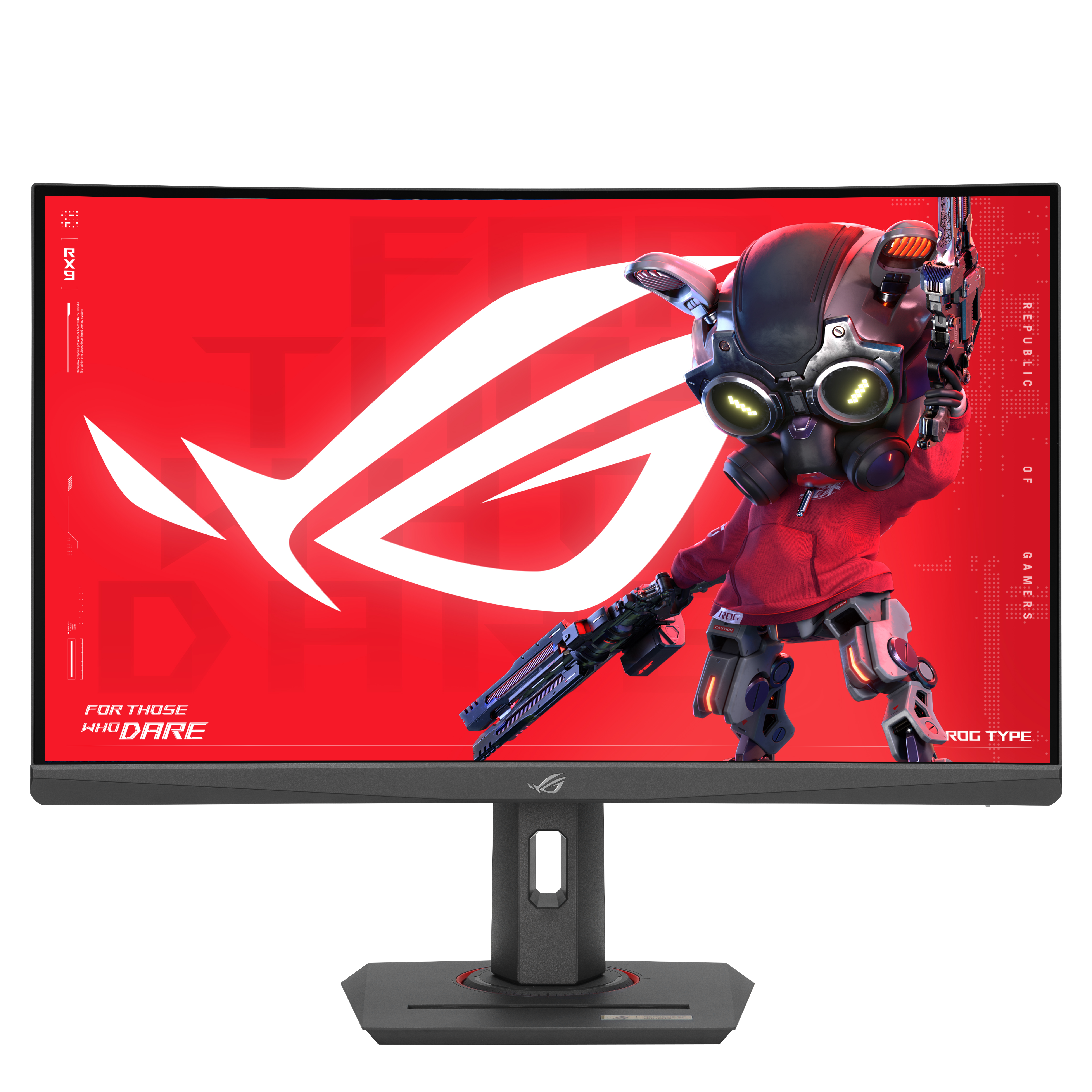 Monitor z czerwonym tłem, logo ROG i postacią robota trzymającą broń. Monitor ma czarną podstawę.
