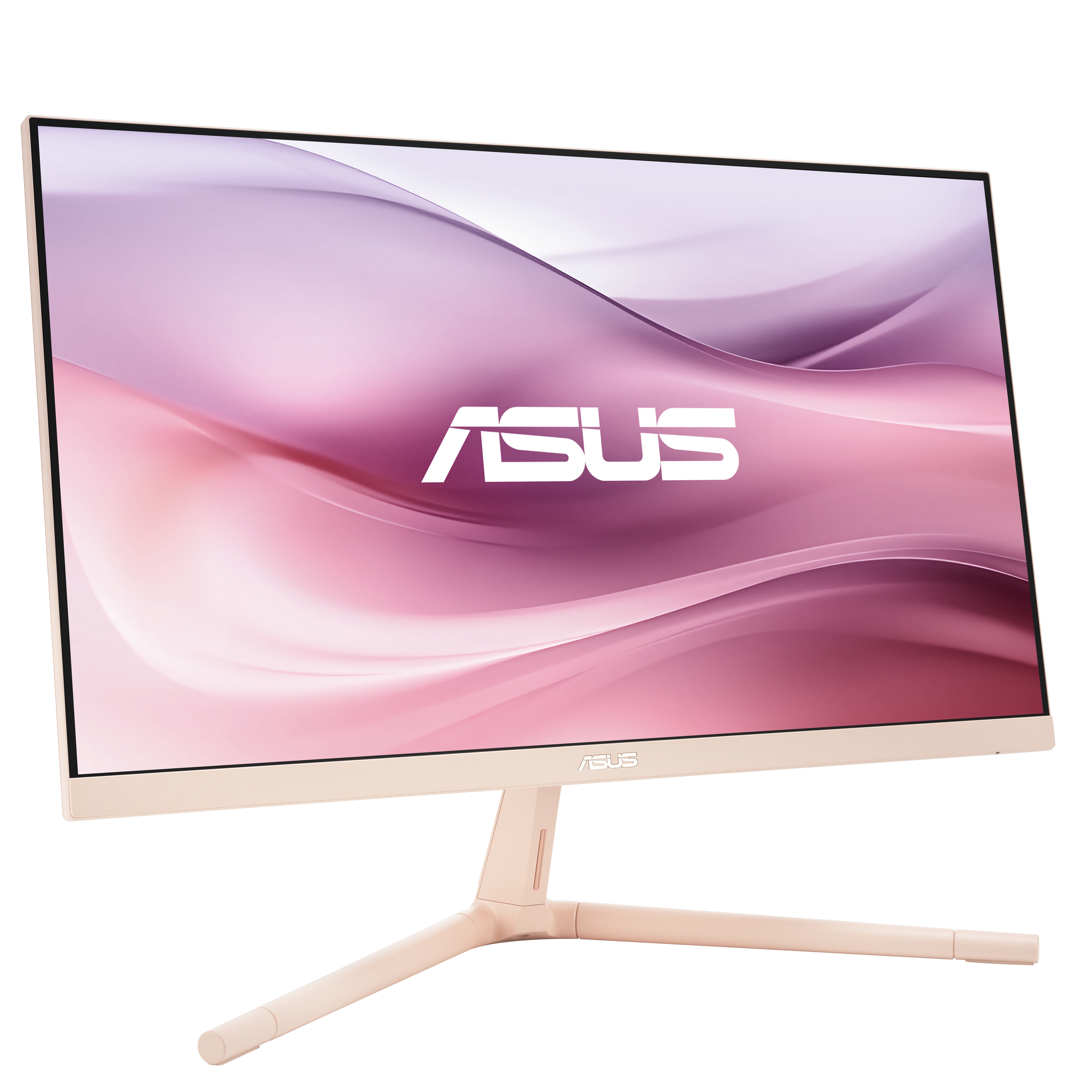 Monitor ASUS, beżowa ramka, różowy i fioletowy ekran, widoczne logo ASUS, na czarnym tle.