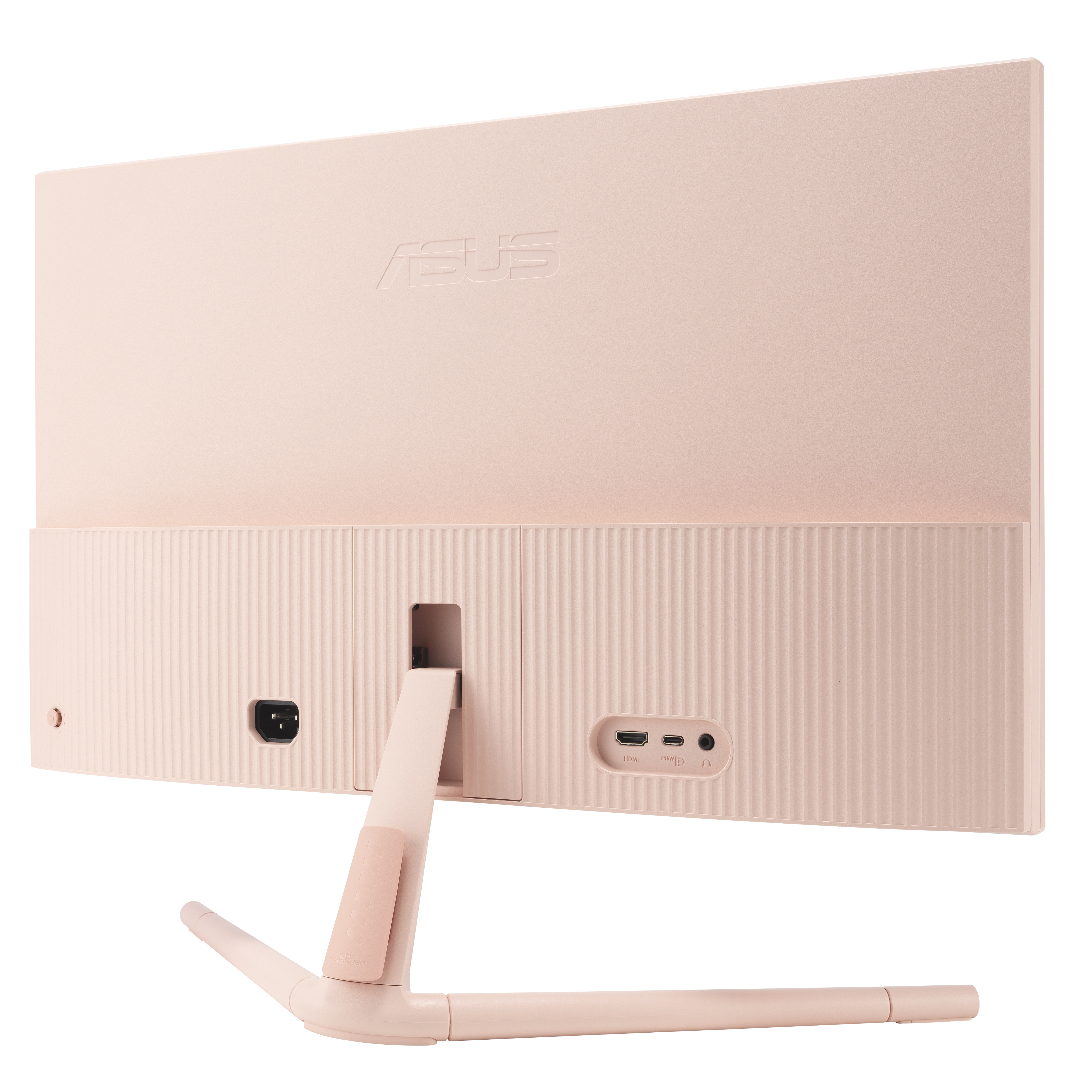Widok z tyłu jasno-różowego monitora ASUS. Widoczne porty, wejście zasilania i podstawka. Logo ASUS wytłoczone na ekranie.