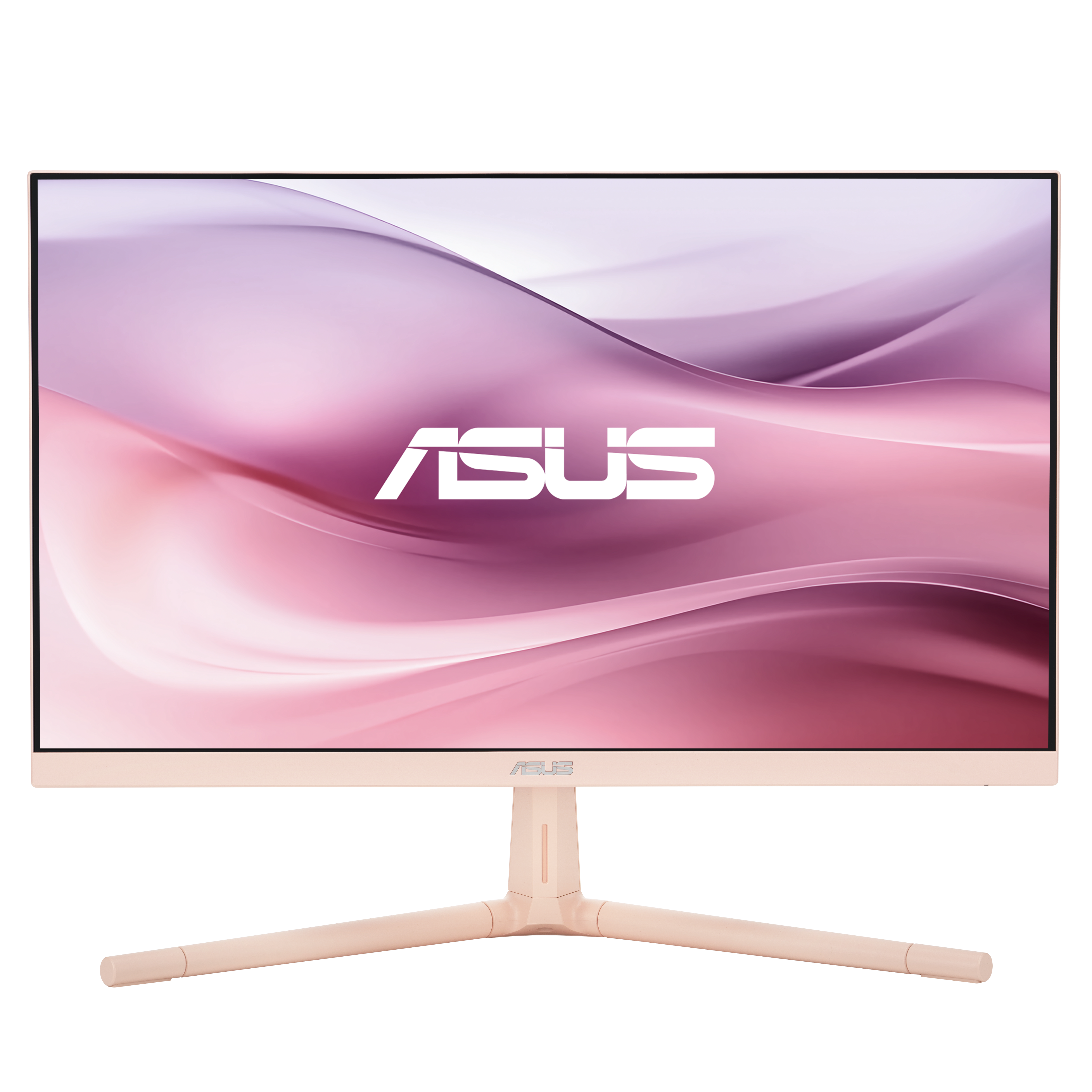 Monitor z różowym i białym ekranem, logo ASUS. Beżowa podstawa i nogi. Czarne tło.