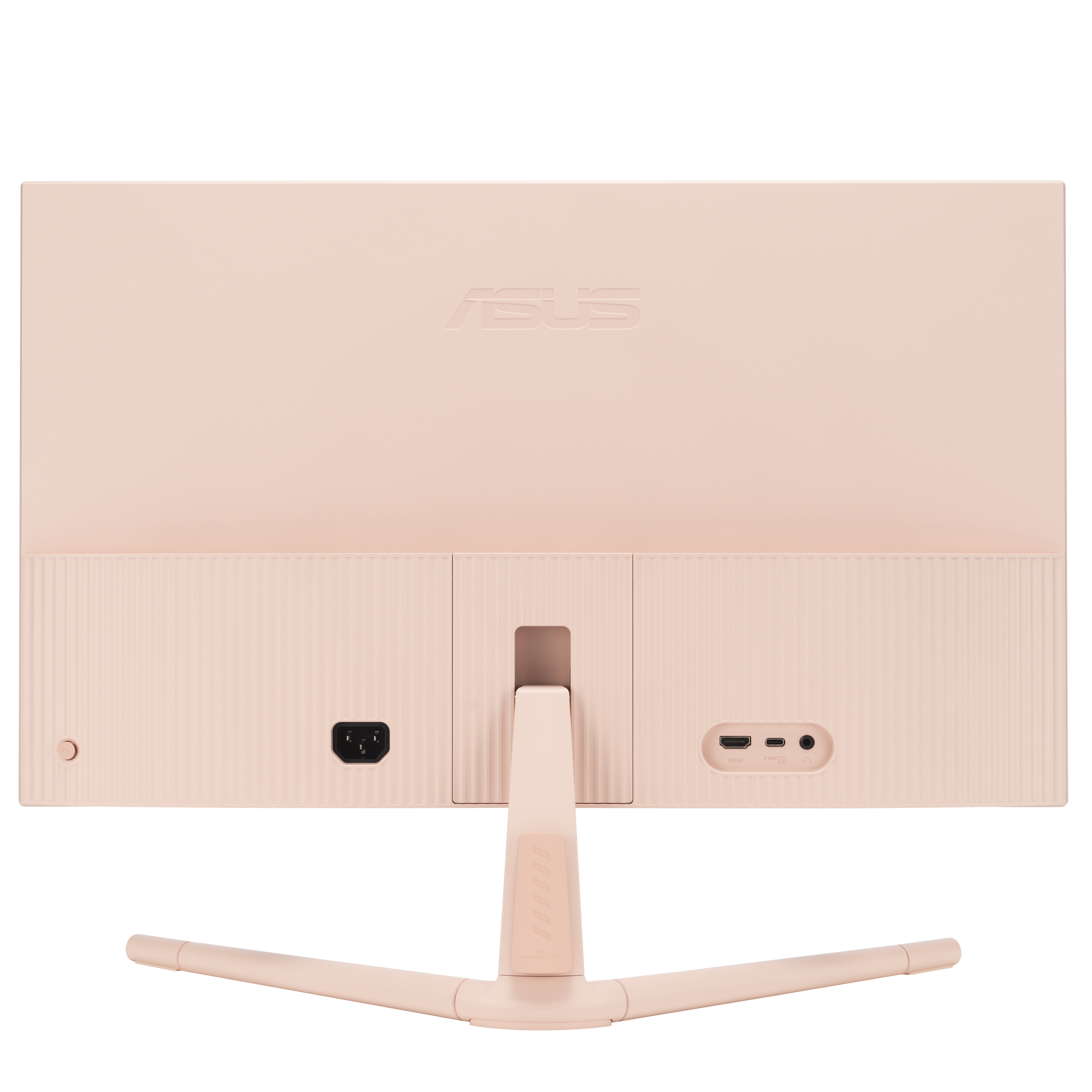 Tył różowego monitora ASUS. Widoczne porty, podstawka i złącze zasilania. Logo ASUS u góry pośrodku.