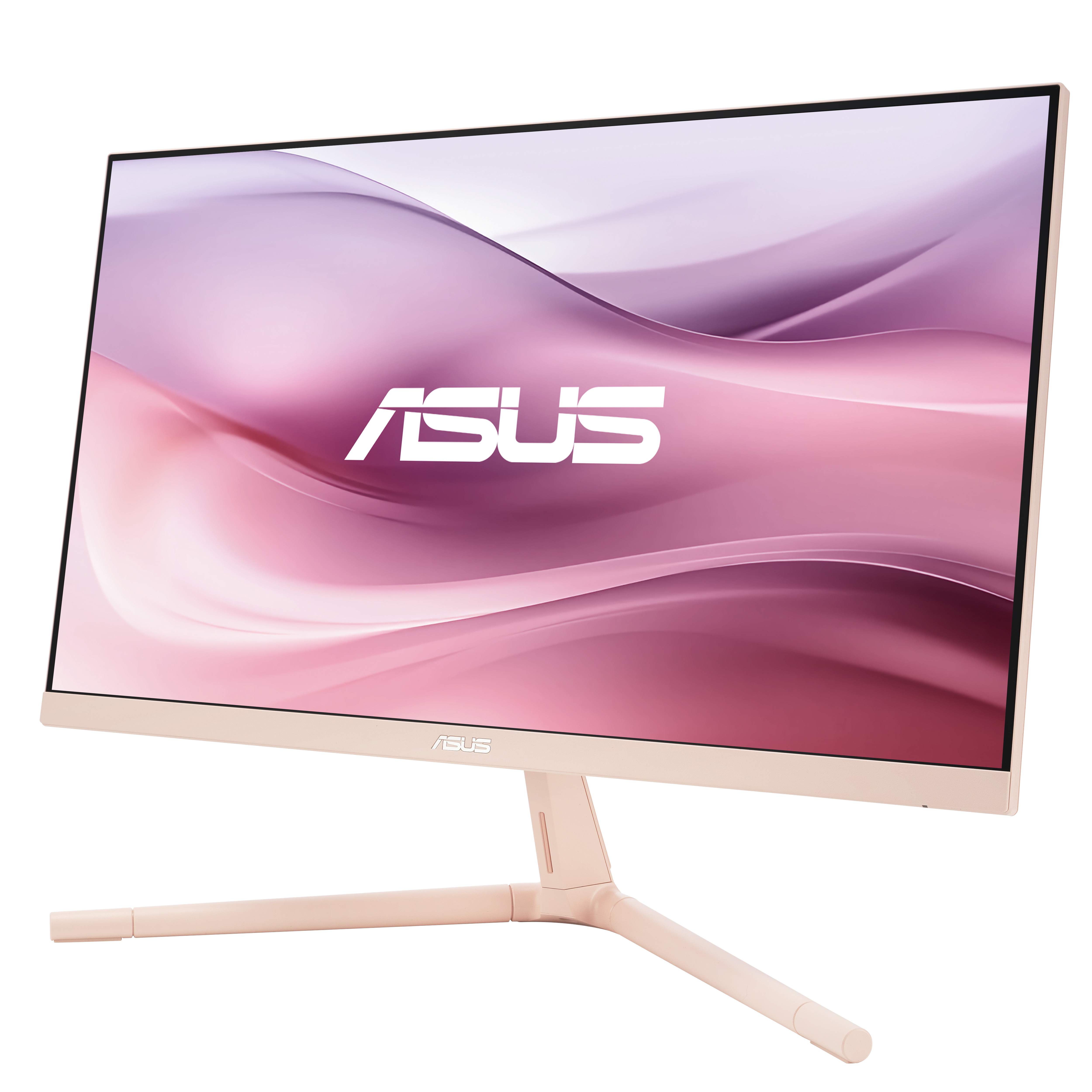 Wyświetlany jest monitor komputerowy ASUS. Ekran pokazuje różowo-biały gradient. Monitor i stojak są beżowe.