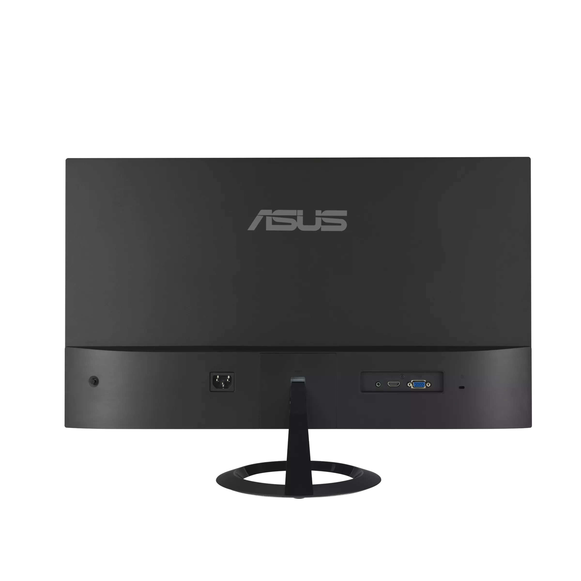 Die Rückseite eines schwarzen ASUS-Monitors. Er hat einen Stromanschluss, Anschlussports und einen Ständer.