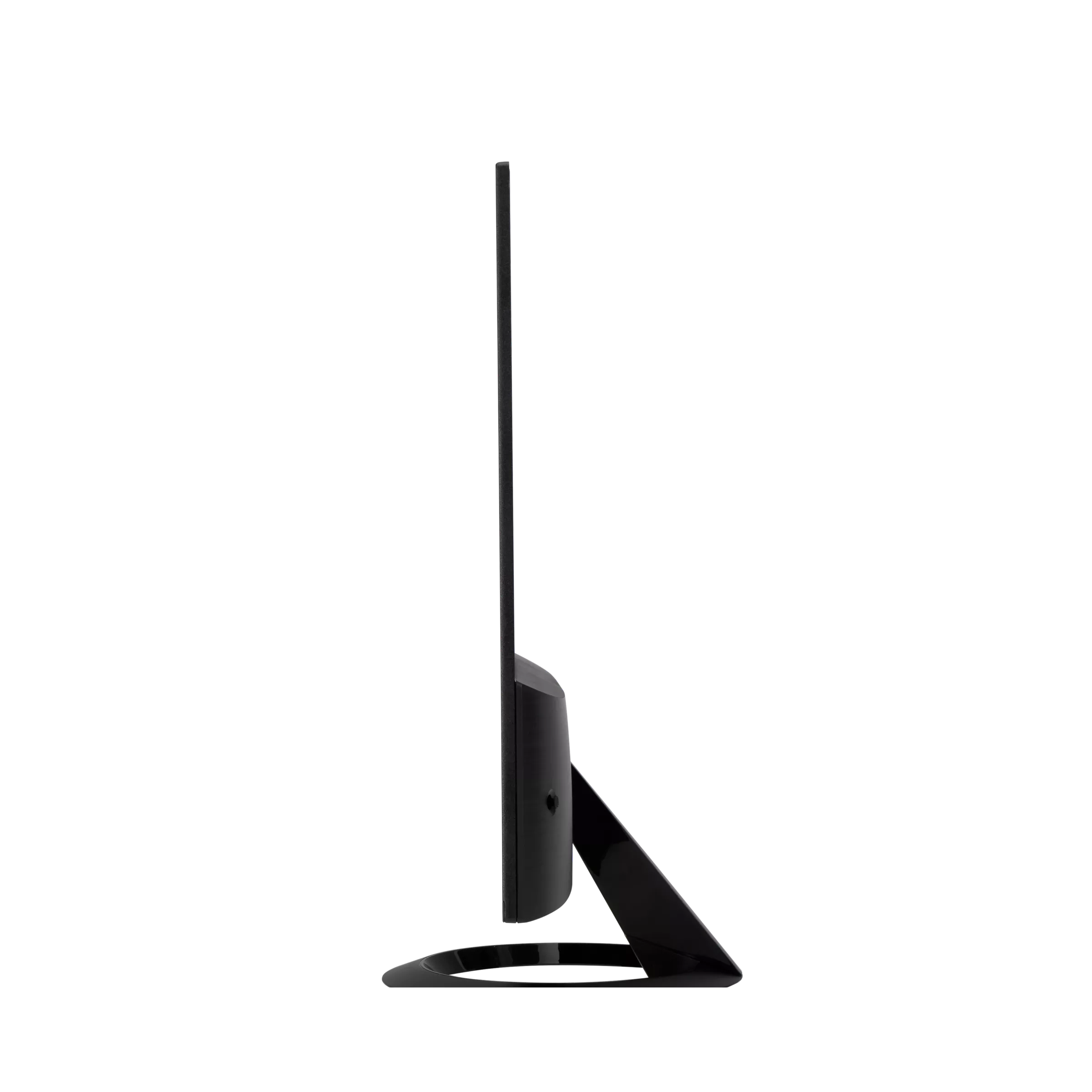 Seitenansicht eines schwarzen Computermonitors auf schwarzem Hintergrund. Der Monitor steht aufrecht.