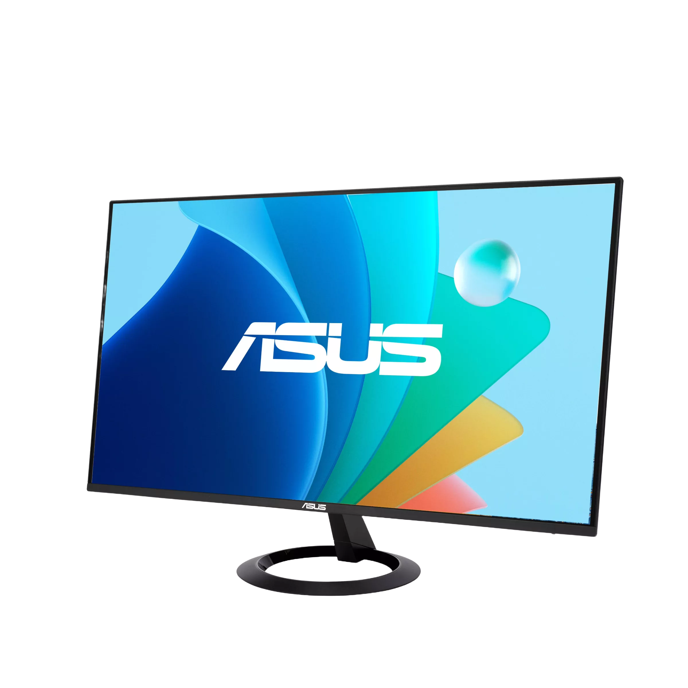 Ein ASUS-Monitor auf schwarzem Hintergrund. Der Bildschirm zeigt ein farbenfrohes abstraktes Design mit dem ASUS-Logo.