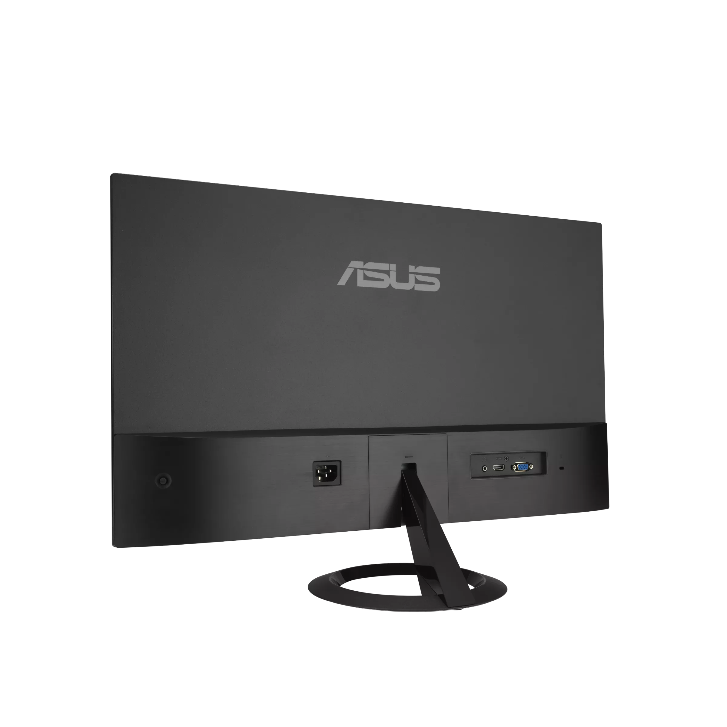 Rückseite eines schwarzen ASUS-Monitors. Der Ständer ist schwarz, und das Logo ist sichtbar. Anschlüsse unten.