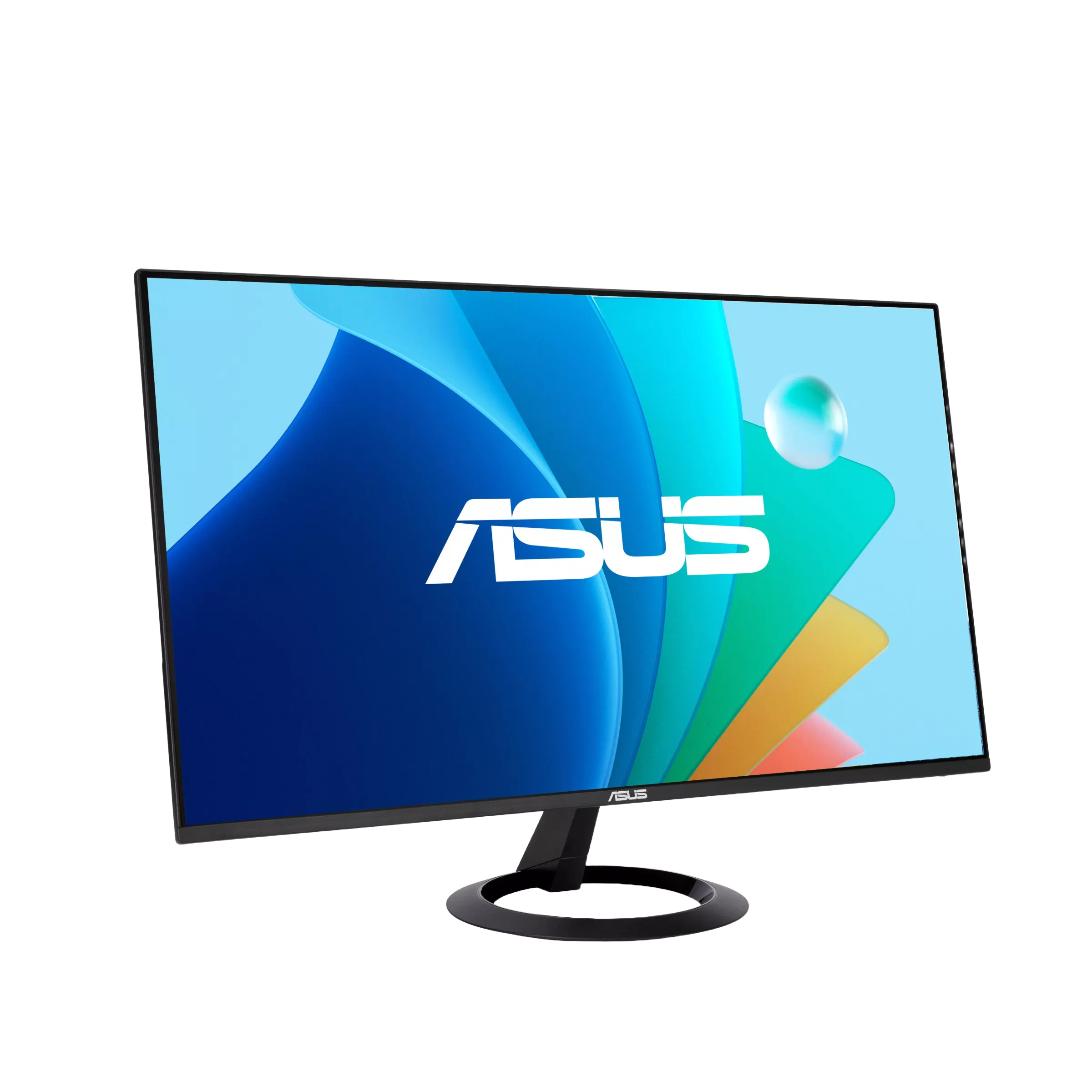 ASUS-Monitor auf schwarzem Hintergrund. Anzeige mit abstrakten blauen, grünen und orangefarbenen Formen, ASUS-Logo.