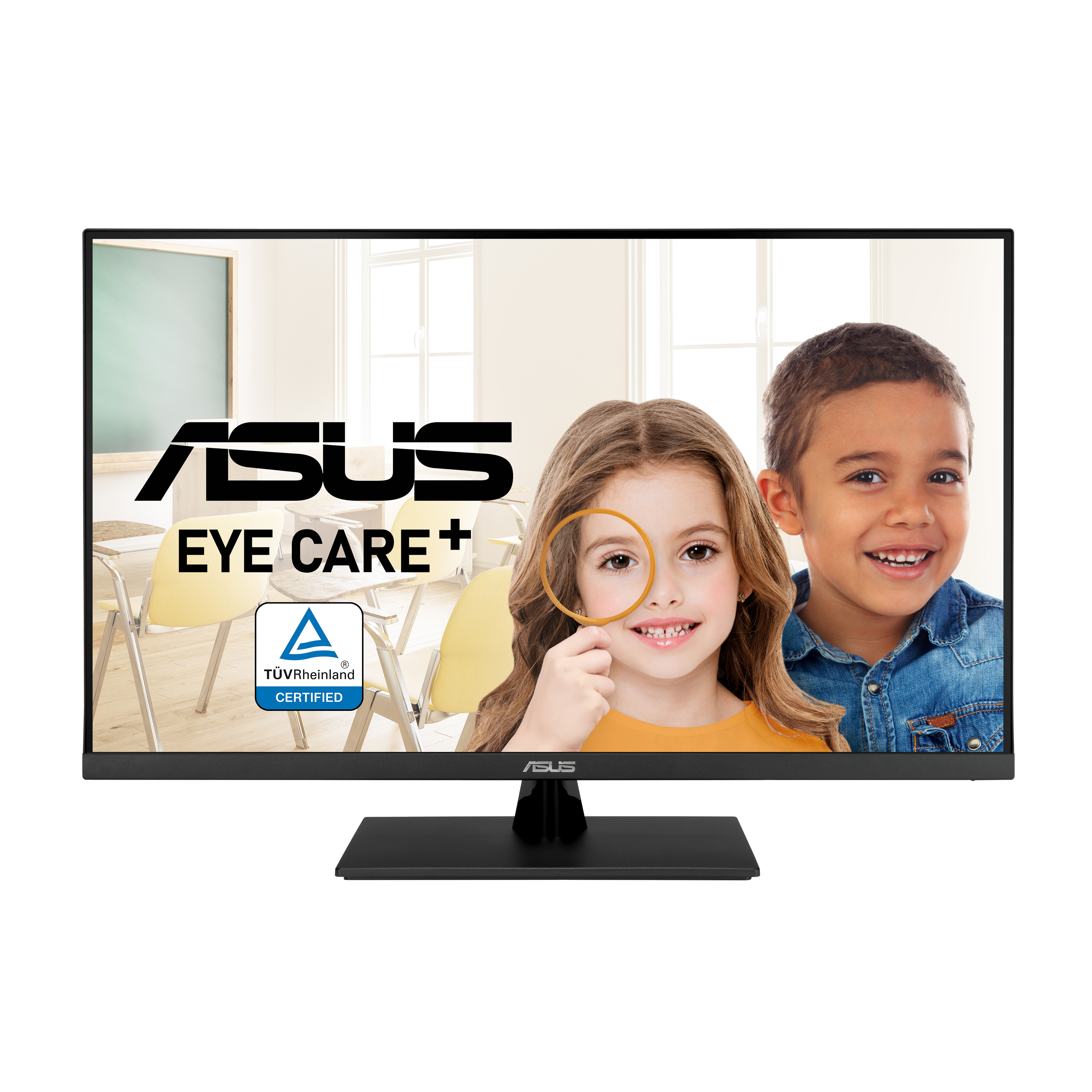 Monitor ASUS z dziećmi. Dziewczyna z lupą. Chłopiec uśmiecha się obok. Żółte krzesła i tablica w tle.