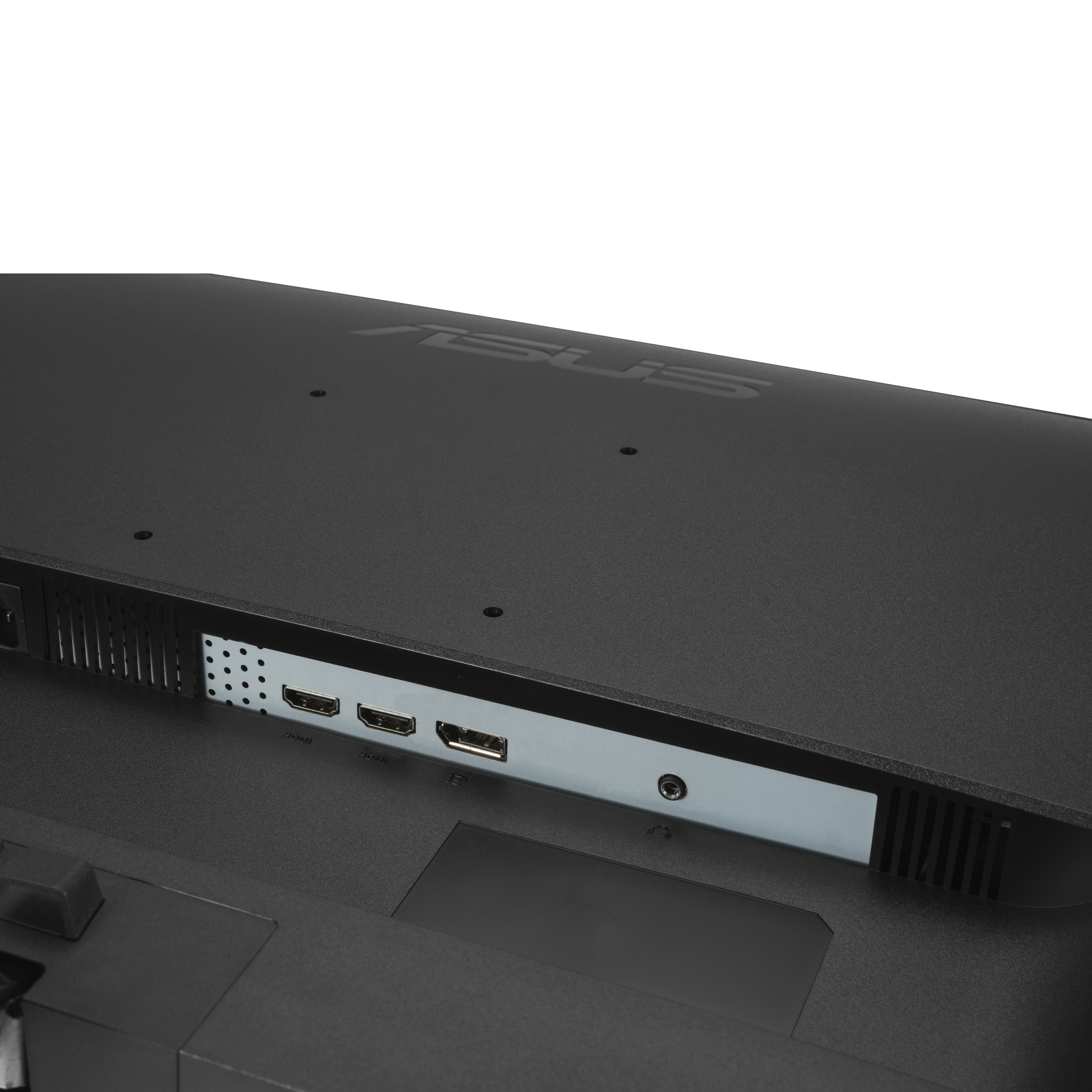 Tył czarnego monitora ASUS. Ma porty, wentylację i widoczne logo ASUS.