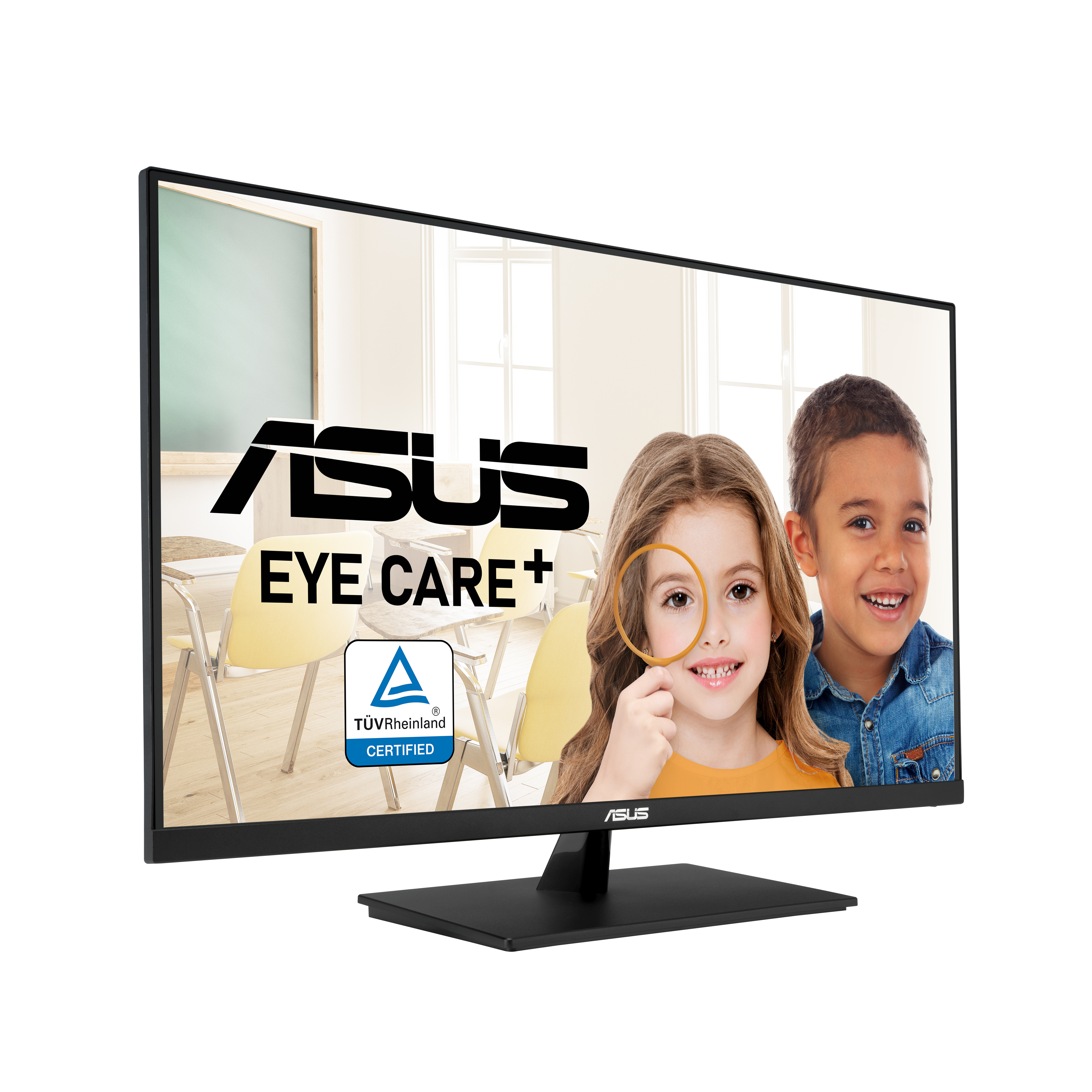 Monitor ASUS z dziećmi na ekranie, oko z lupą. Tekst: Eye Care +, logo TüV. Żółte krzesła w tle.