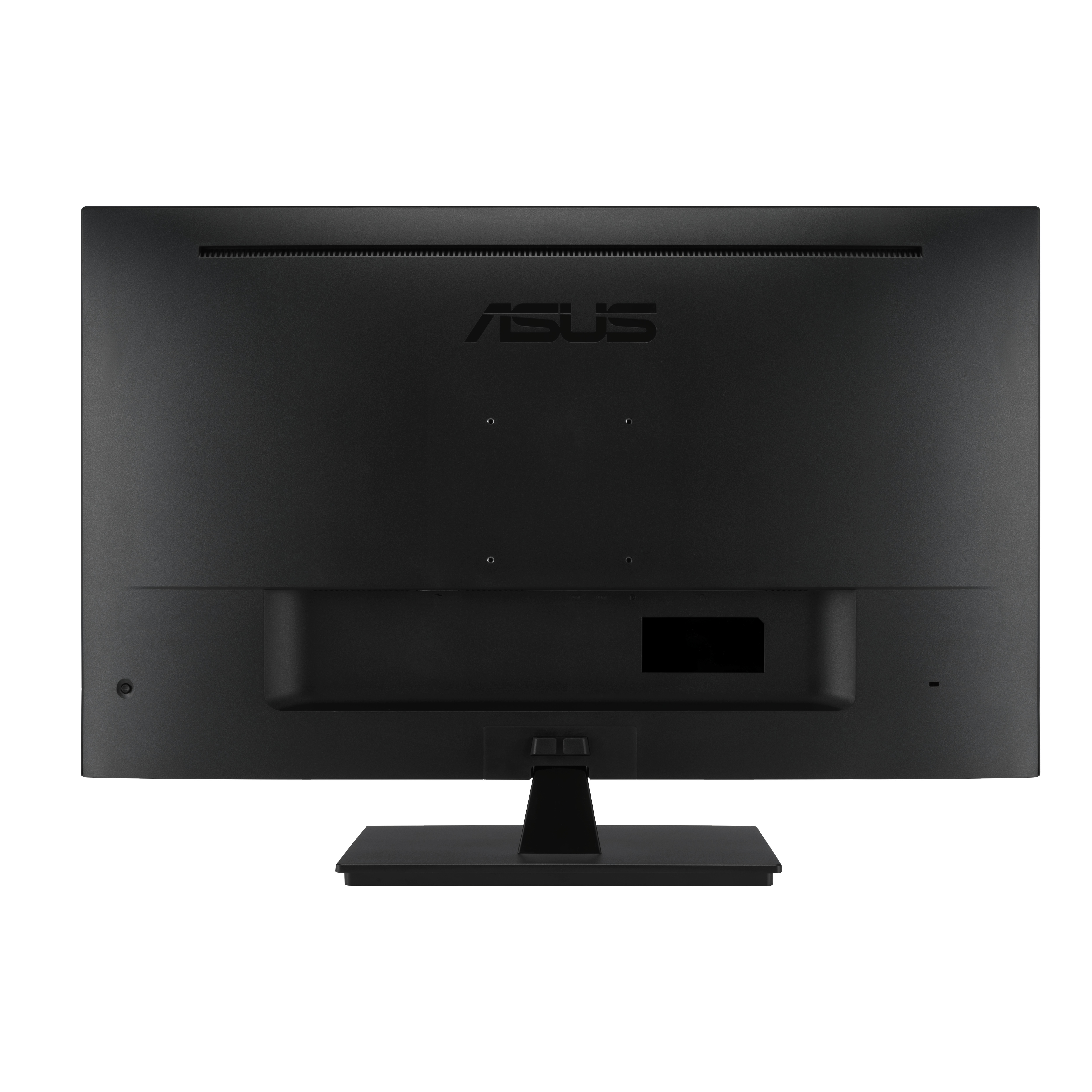 Pokazano tył czarnego monitora ASUS. Ma podstawę i logo ASUS. Tło jest białe.