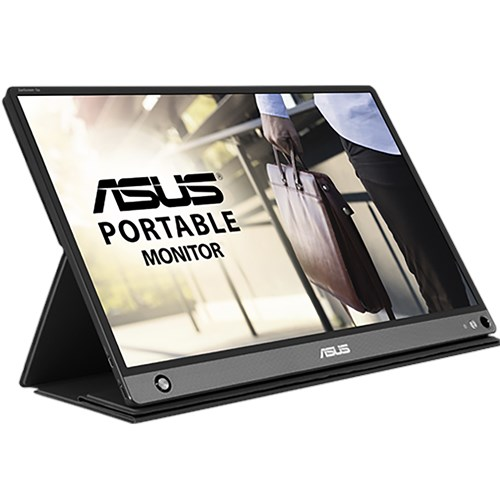 Przenośny monitor Asus wyświetla tekst. Osoba trzyma brązową teczkę. Na ekranie znajduje się logo Asus Portable Monitor.