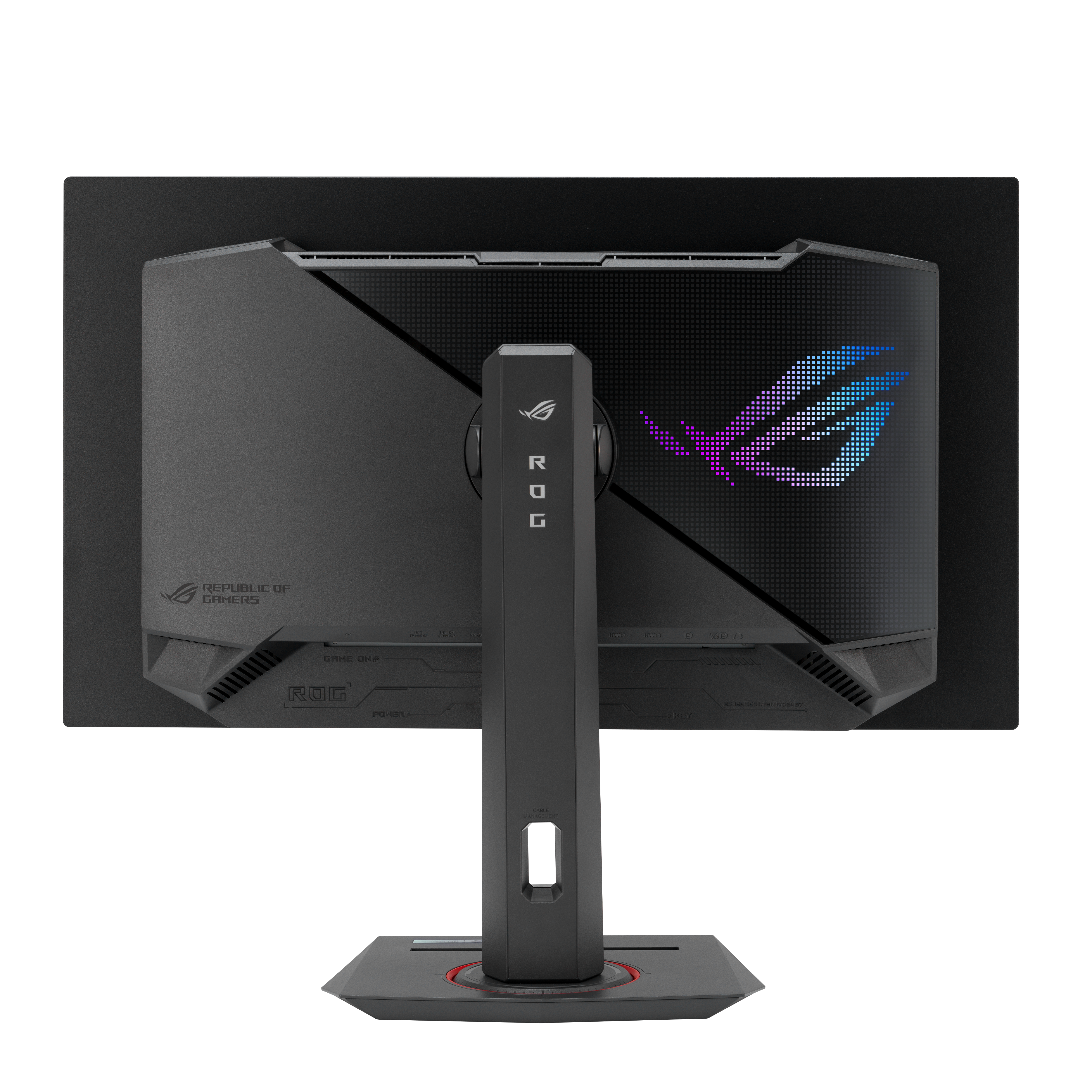 Widok z tyłu czarnego monitora do gier ROG. Ma podstawę, logo i szereg portów.