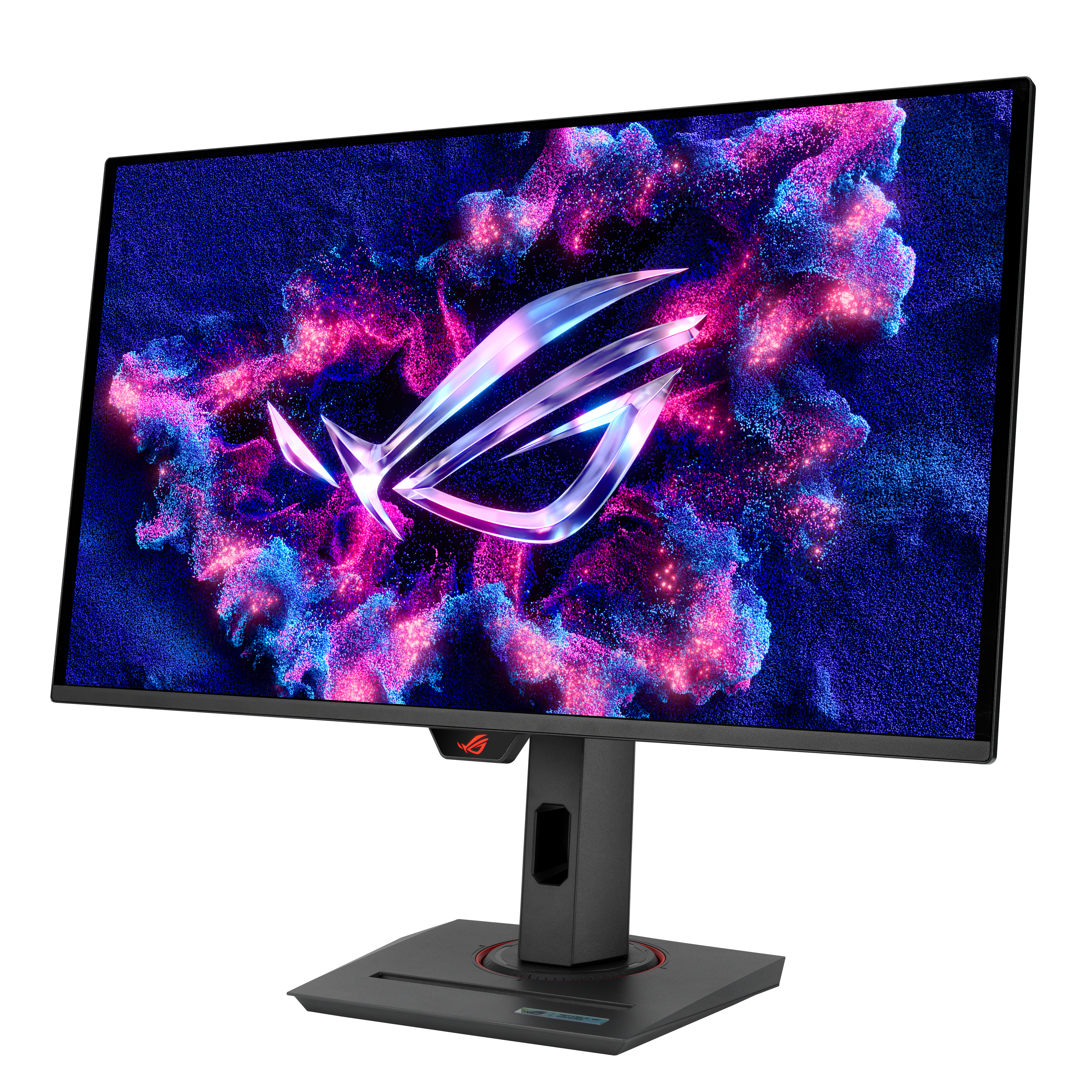 Monitor do gier z logo ROG na ekranie, ciemnymi kolorami i podstawą. Wyświetlacz pokazuje abstrakcyjny fioletowy i niebieski wzór.