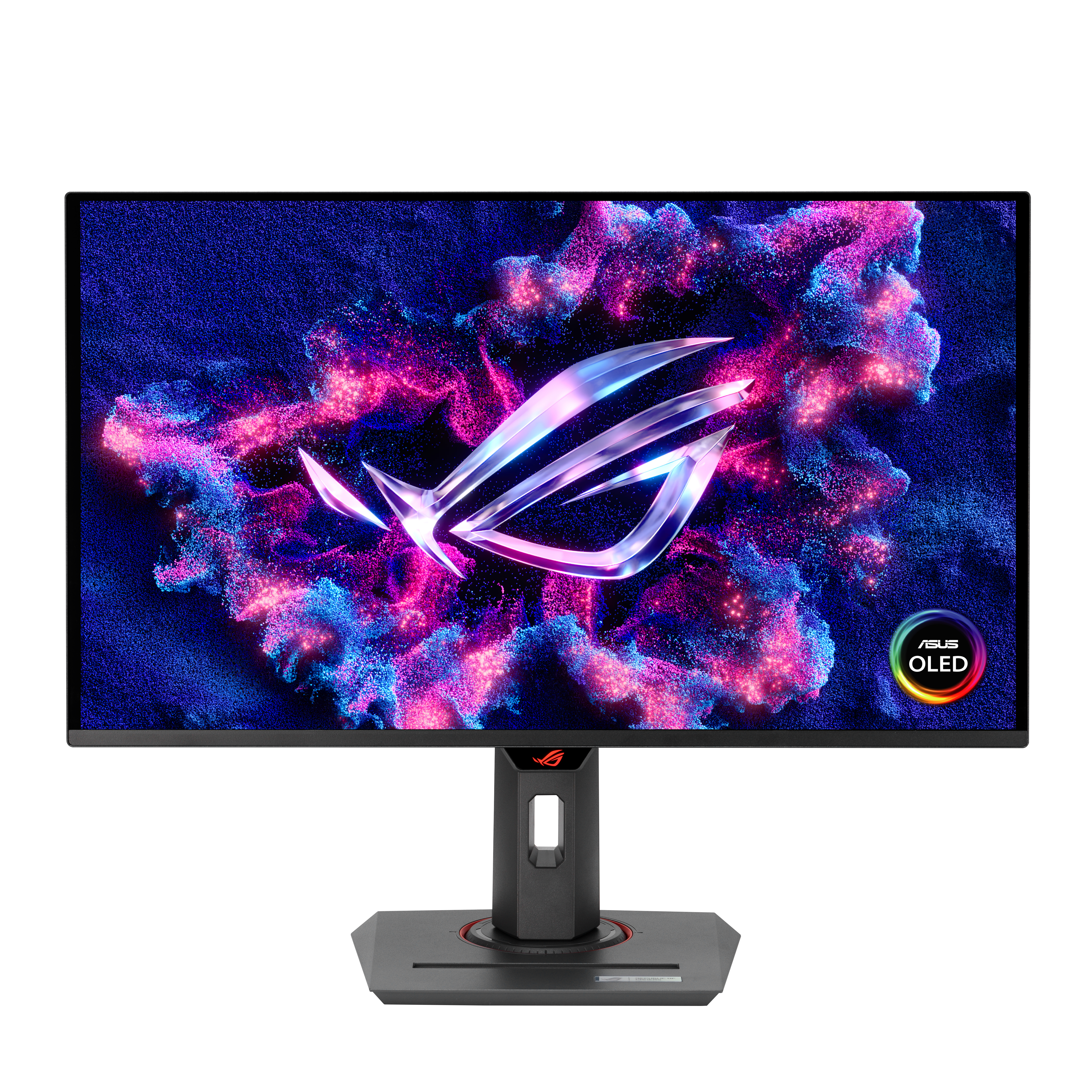 Monitor ASUS ROG OLED wyświetla kolorowy, abstrakcyjny obraz. Ma podstawę i widoczne jest logo ROG.