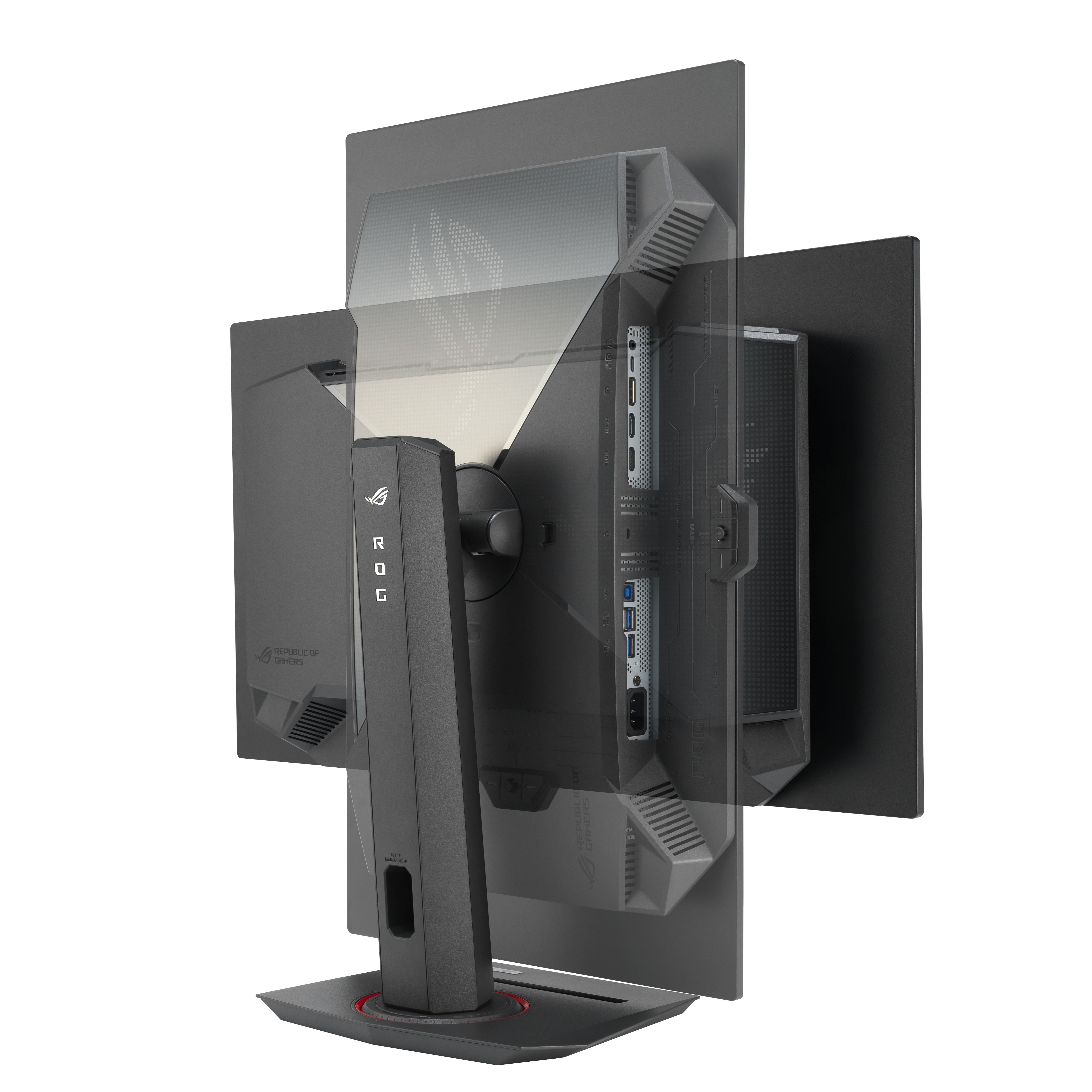 Czarny monitor komputerowy ze stojakiem i widocznymi portami. Logo ROG znajduje się z tyłu. Tło jest białe.