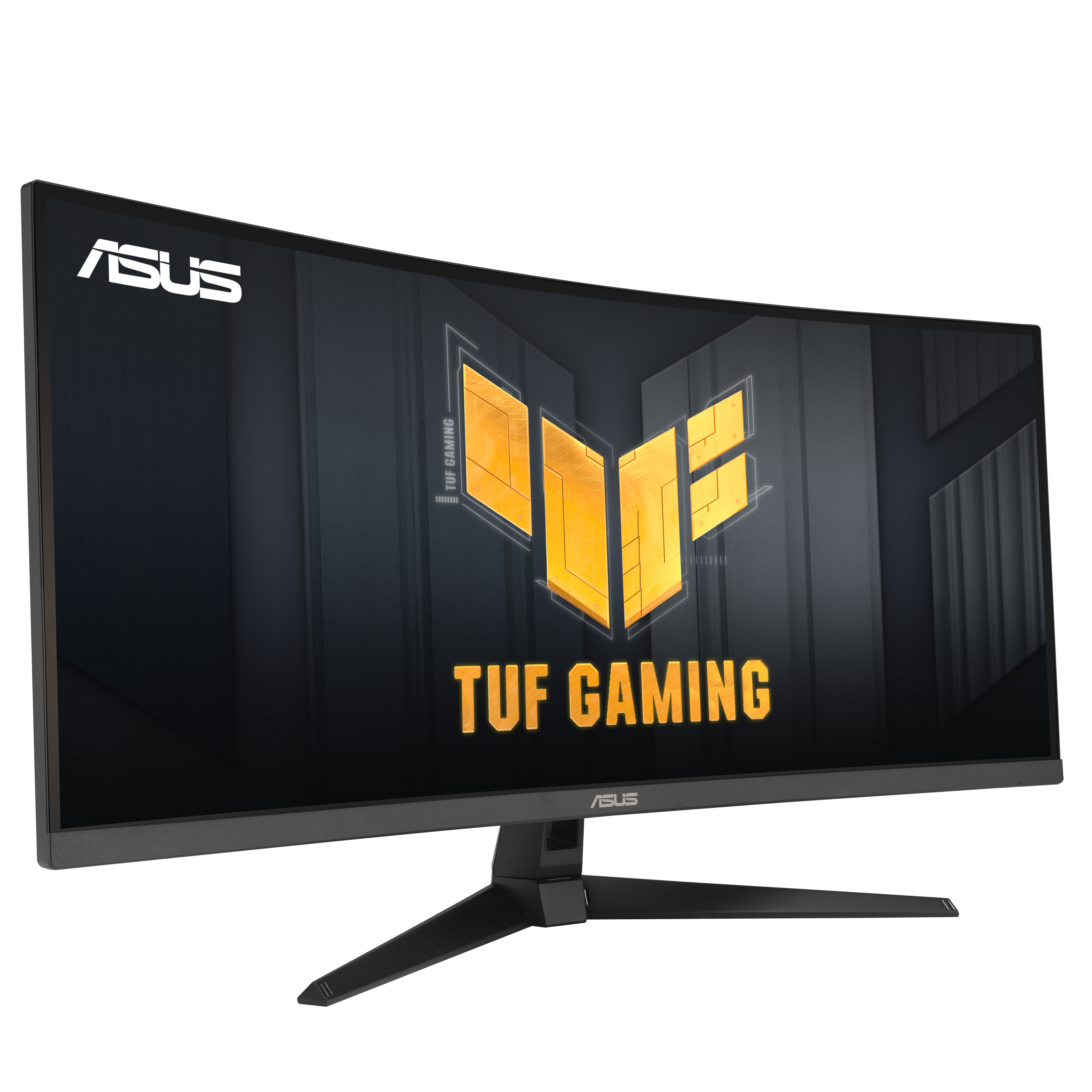 Zakrzywiony monitor ASUS TUF Gaming na czarnym tle. Ekran wyświetla logo TUF Gaming.