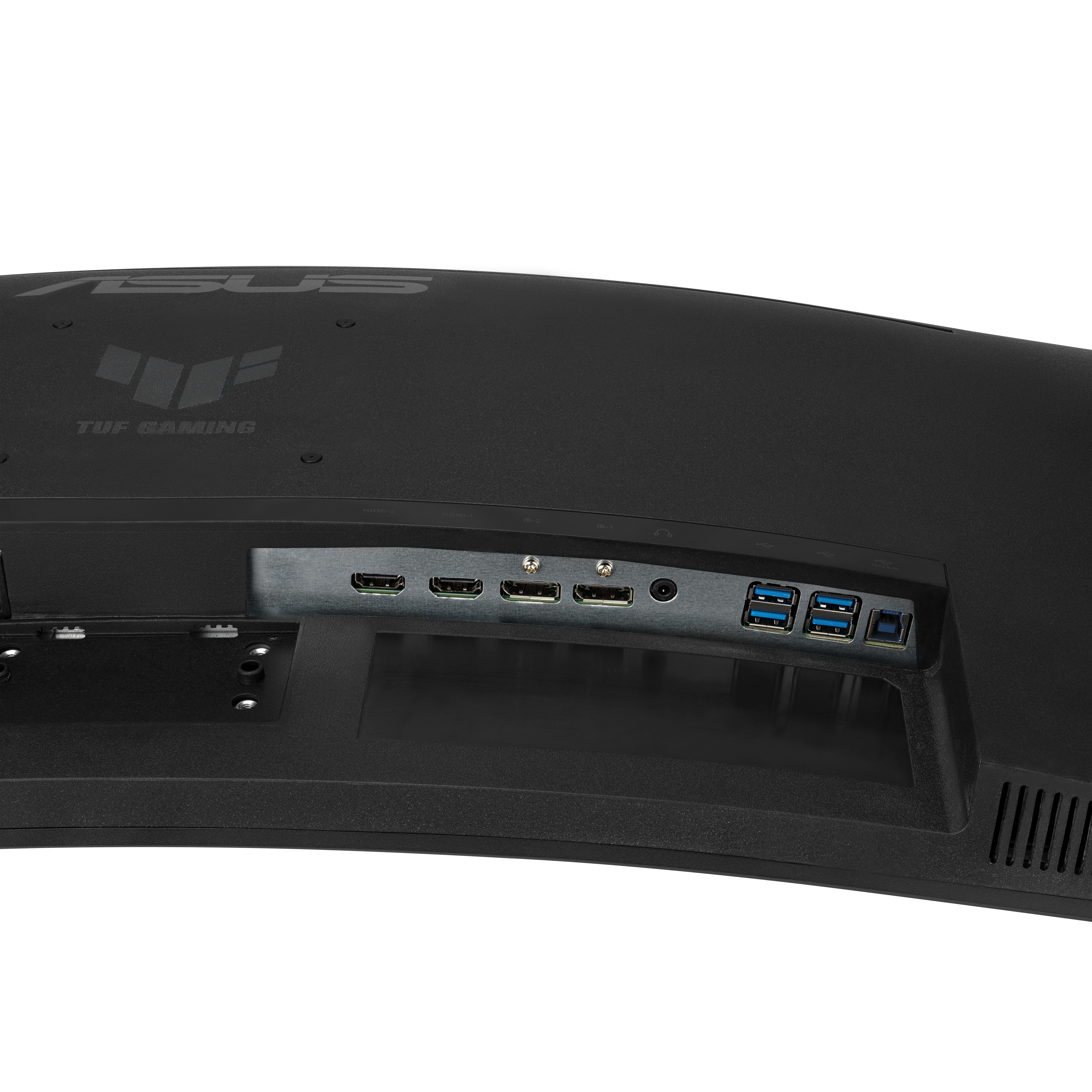 Czarny, zakrzywiony tył monitora z portami i logo ASUS TUF GAMING. Widoczne porty HDMI i USB.