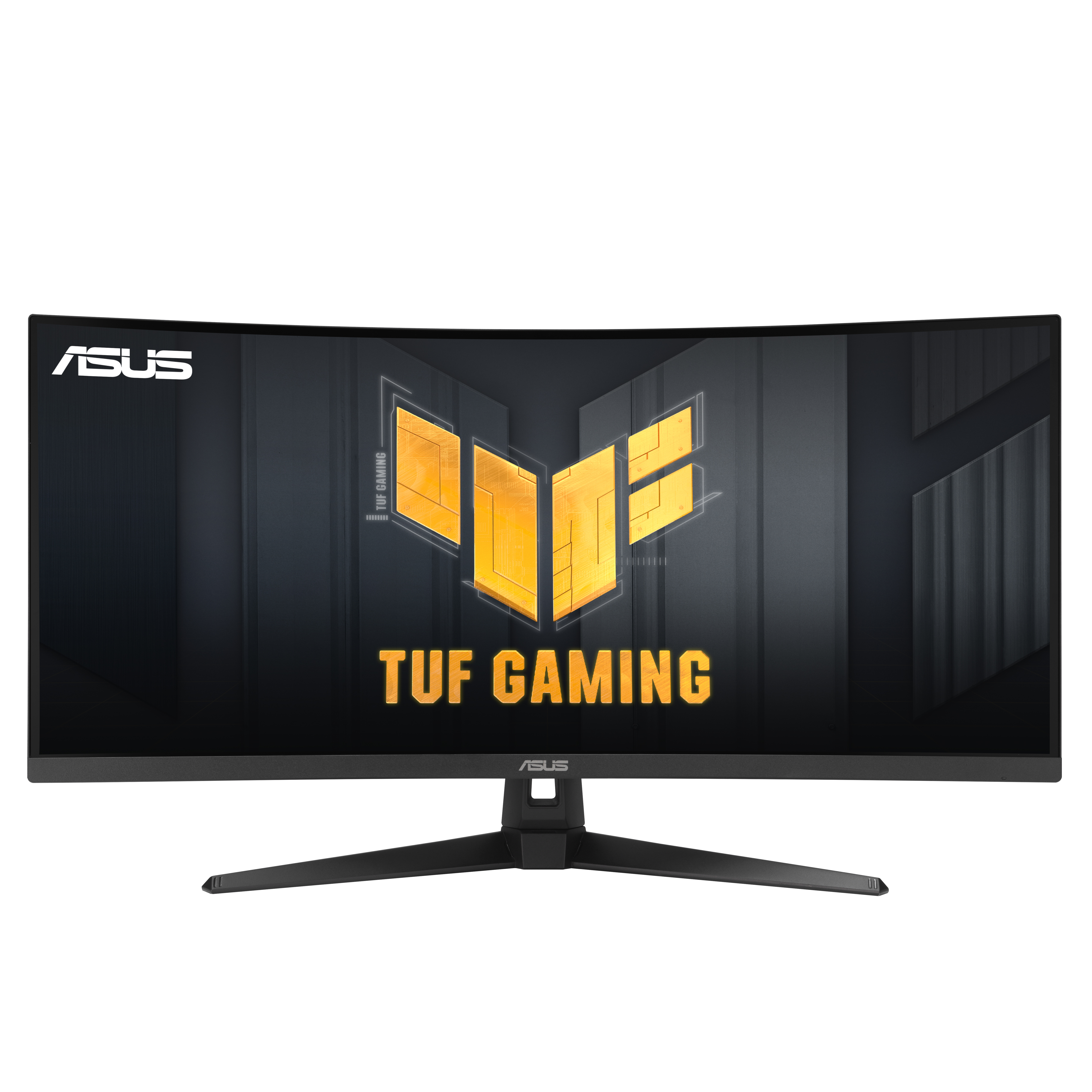 Zakrzywiony monitor do gier. Czarna ramka, czarna podstawa. Wyświetlacz pokazuje logo w kolorze żółtym i czarnym.