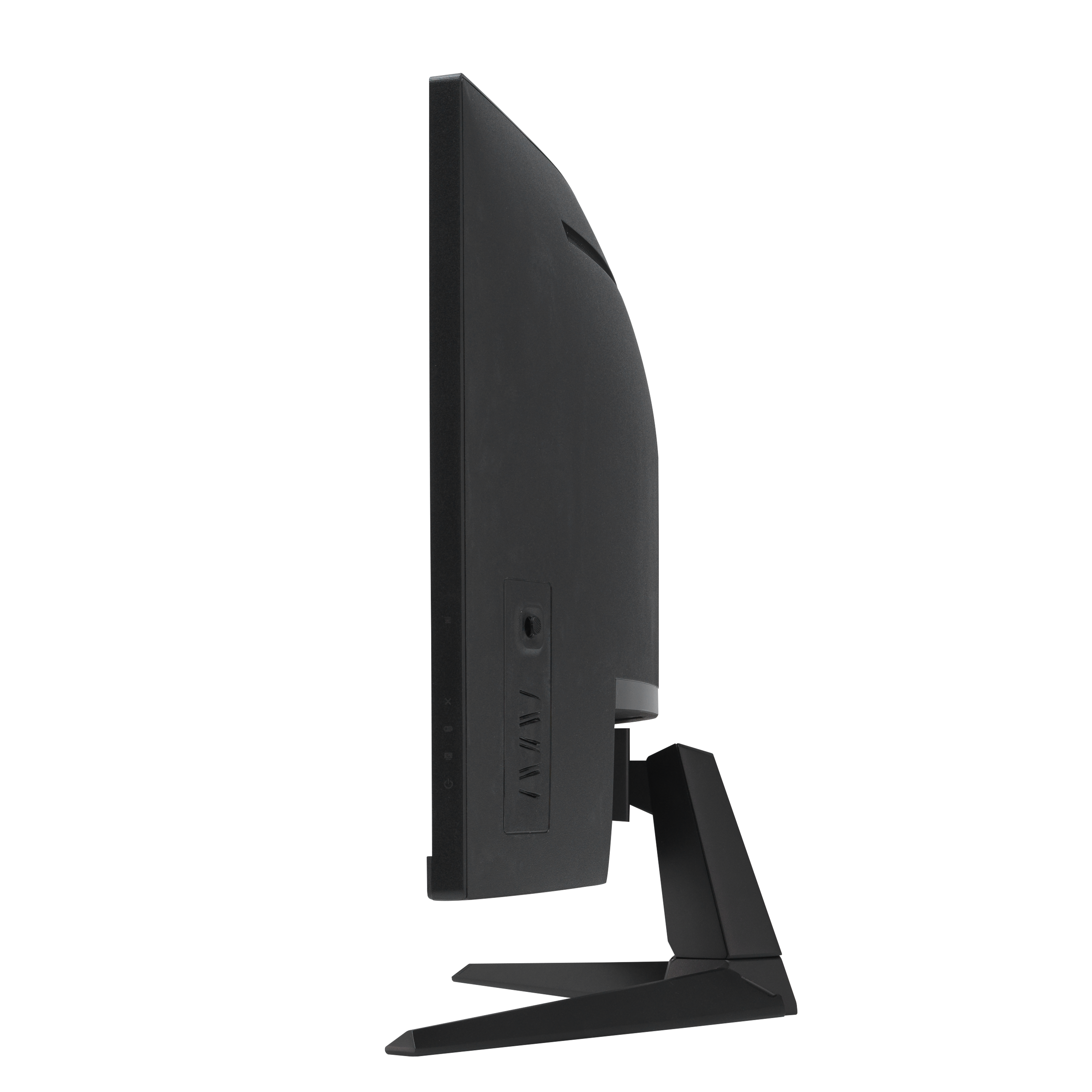 Widok z boku czarnego monitora komputera. Ekran jest ciemny, z czarną podstawą.