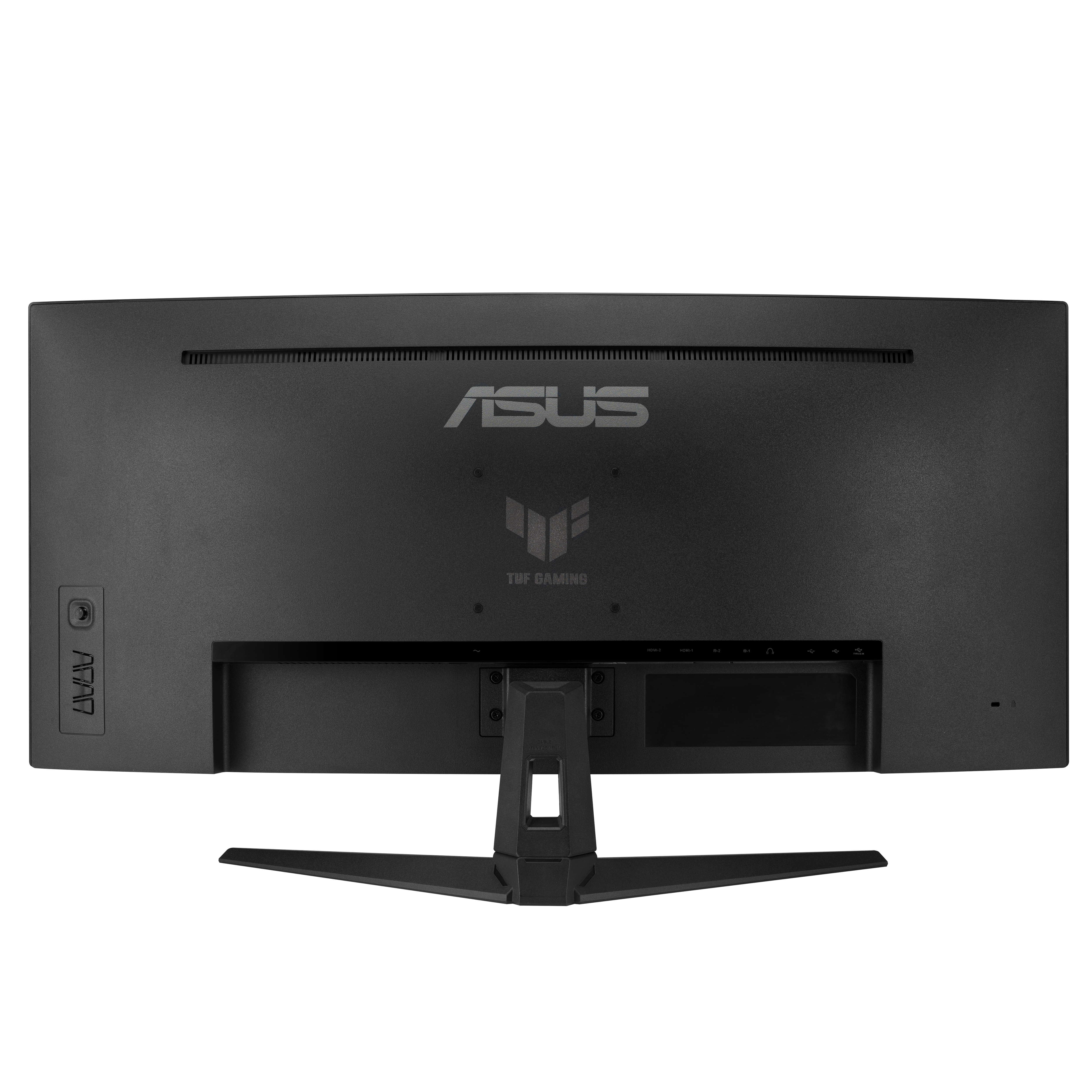 Widok z tyłu czarnego monitora ASUS TUF Gaming. Posiada logo ASUS i TUF Gaming. Podstawa również jest czarna.