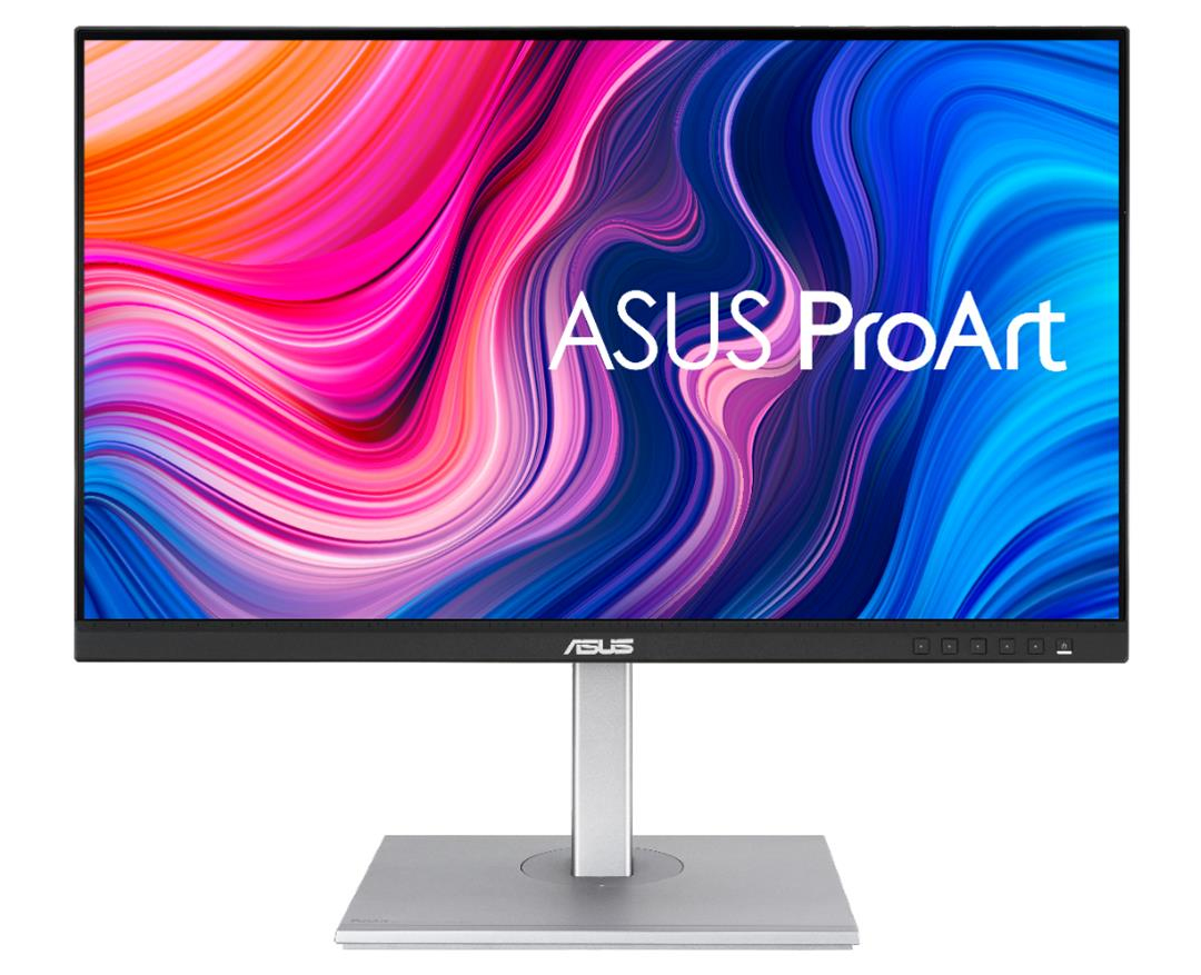 Monitor ASUS ProArt. Ekran wyświetla kolorowe wiry różu, błękitu i pomarańczy. Monitor stoi na srebrnej podstawce.