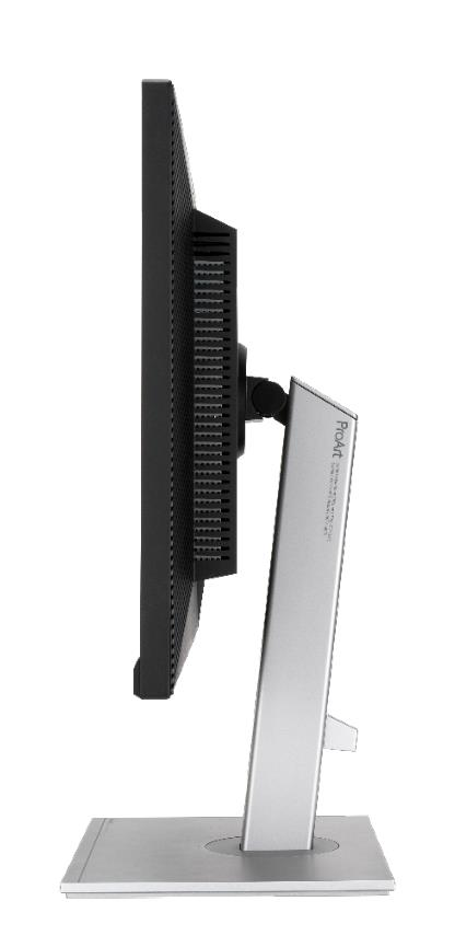 Widok z boku monitora komputera. Ekran jest czarny, ze srebrną podstawką. Tło jest białe.