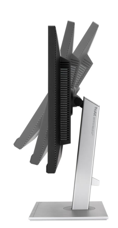 Widok z boku czarnego monitora komputera ze srebrną podstawą. Monitor jest pochylony. Tło jest białe.