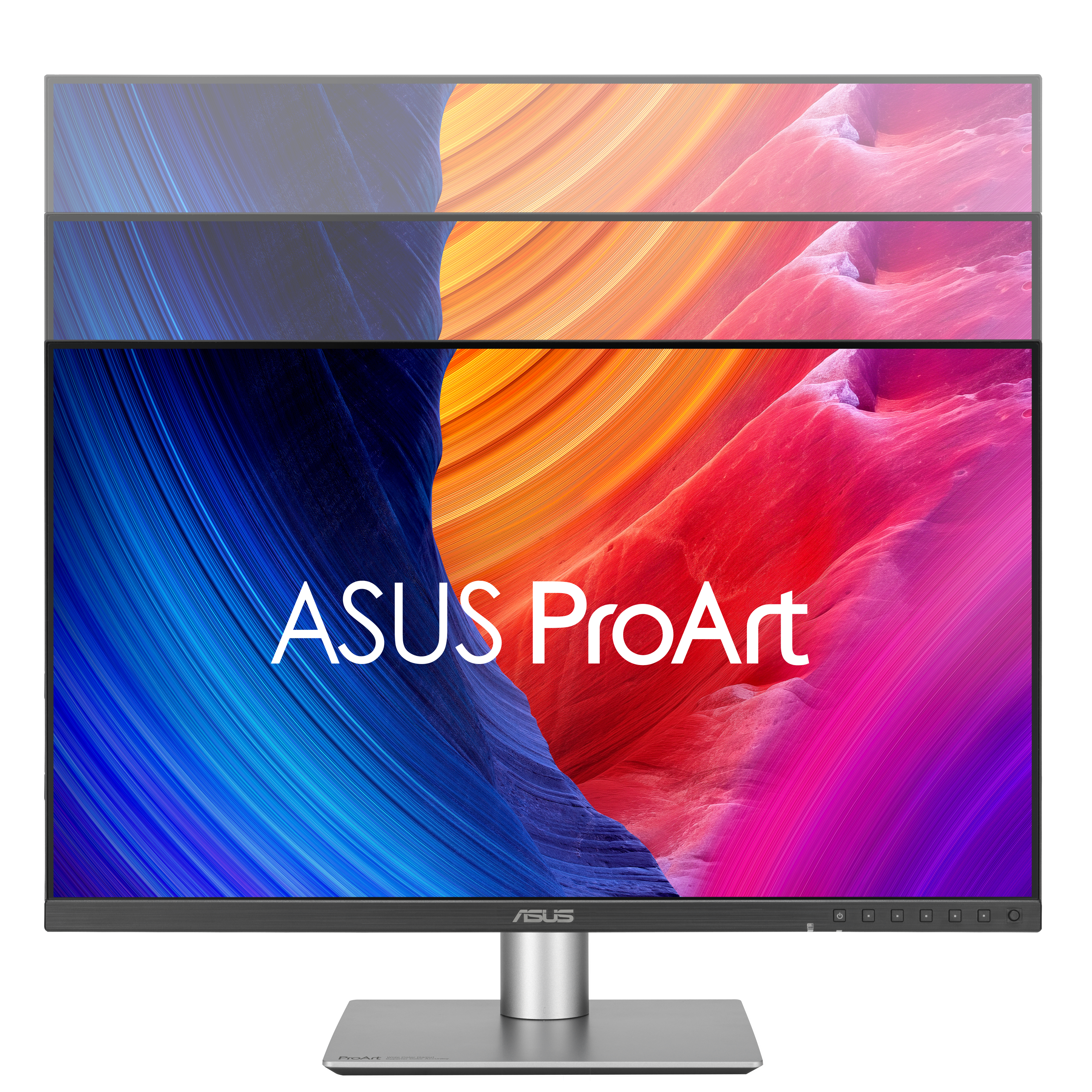 Monitor ASUS ProArt. Ekran wyświetla kolorowy abstrakcyjny wzór. Srebrna podstawa podtrzymuje monitor.