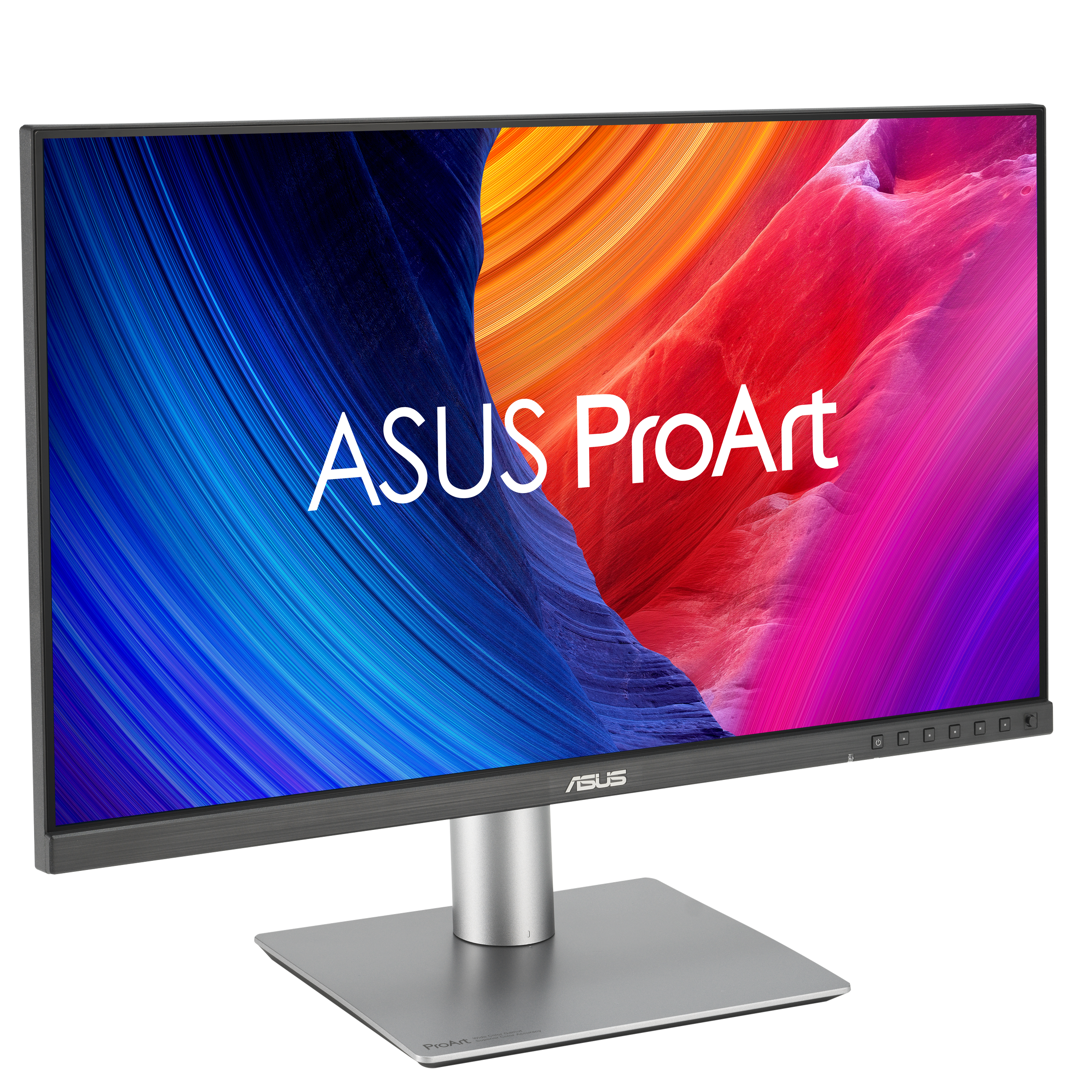 Monitor ASUS ProArt. Kolorowa sztuka abstrakcyjna. Srebrna podstawa i ramka. Logo ASUS na dole.