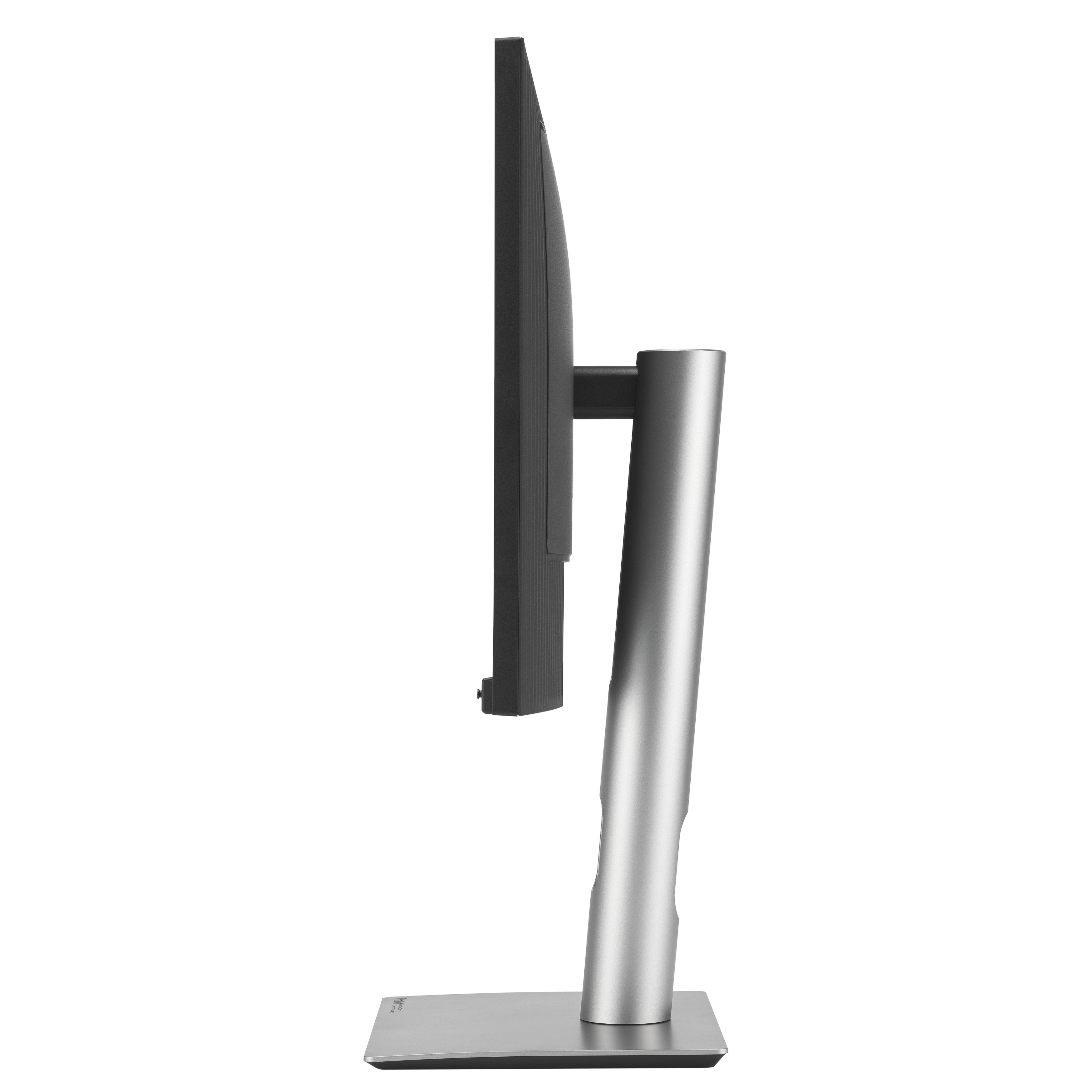 Widok z boku monitora z czarnym ekranem i srebrną podstawą na czarnym tle.