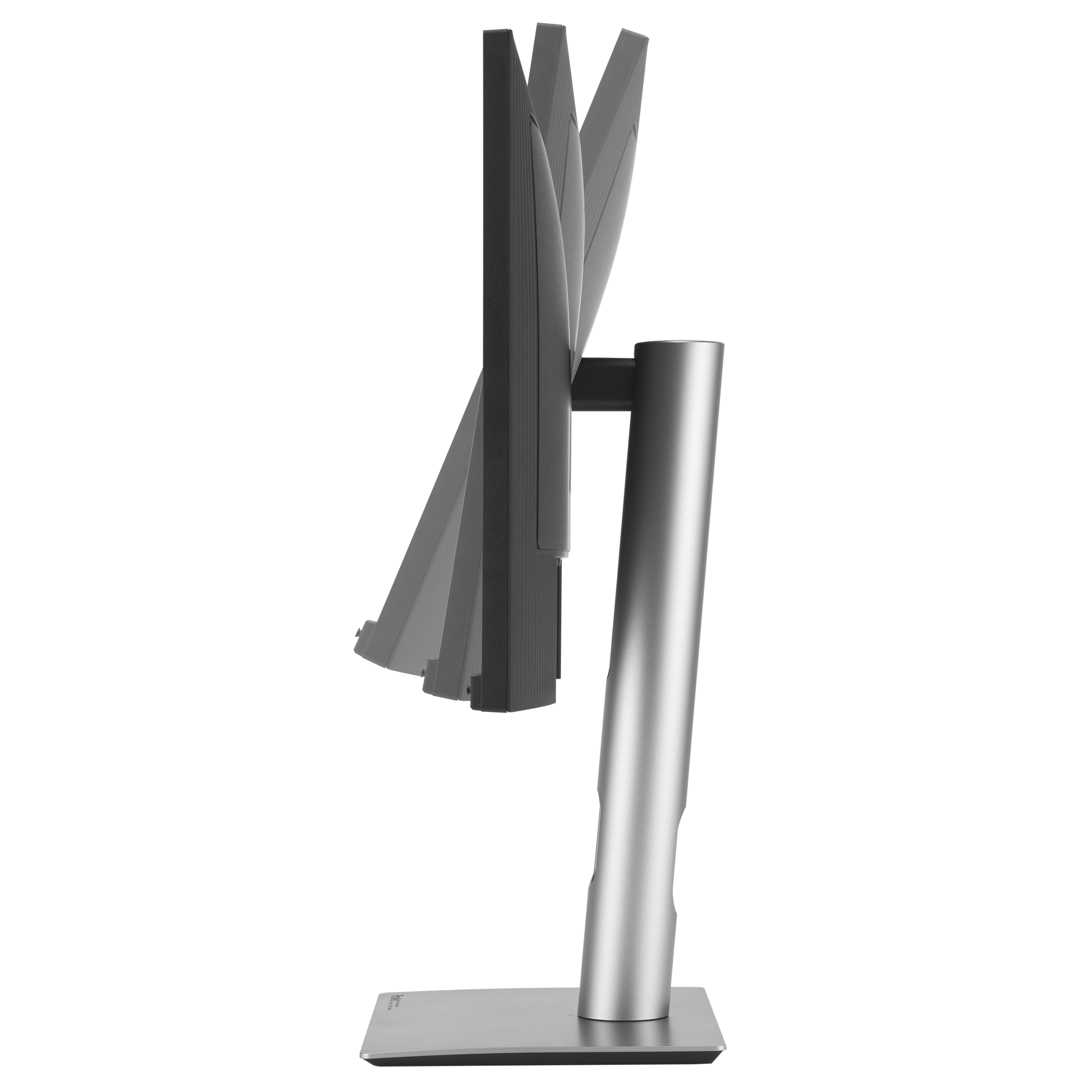 Srebrny monitor komputera na srebrnej podstawie, na czarnym tle. Ekran jest pod kątem.