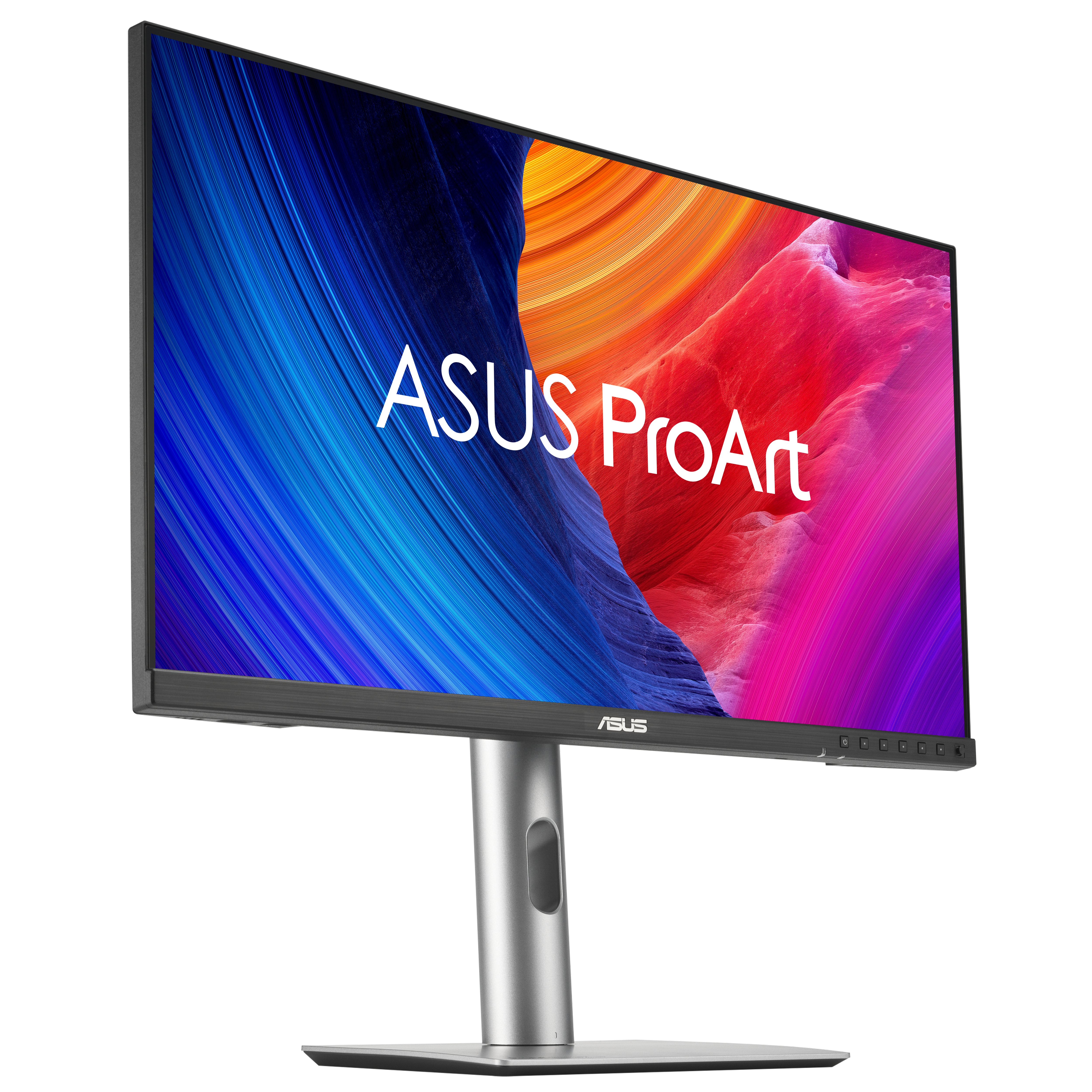 Monitor ASUS ProArt z kolorowym wyświetlaczem i srebrną podstawą. Ekran pokazuje niebieską i czerwoną sztukę abstrakcyjną.