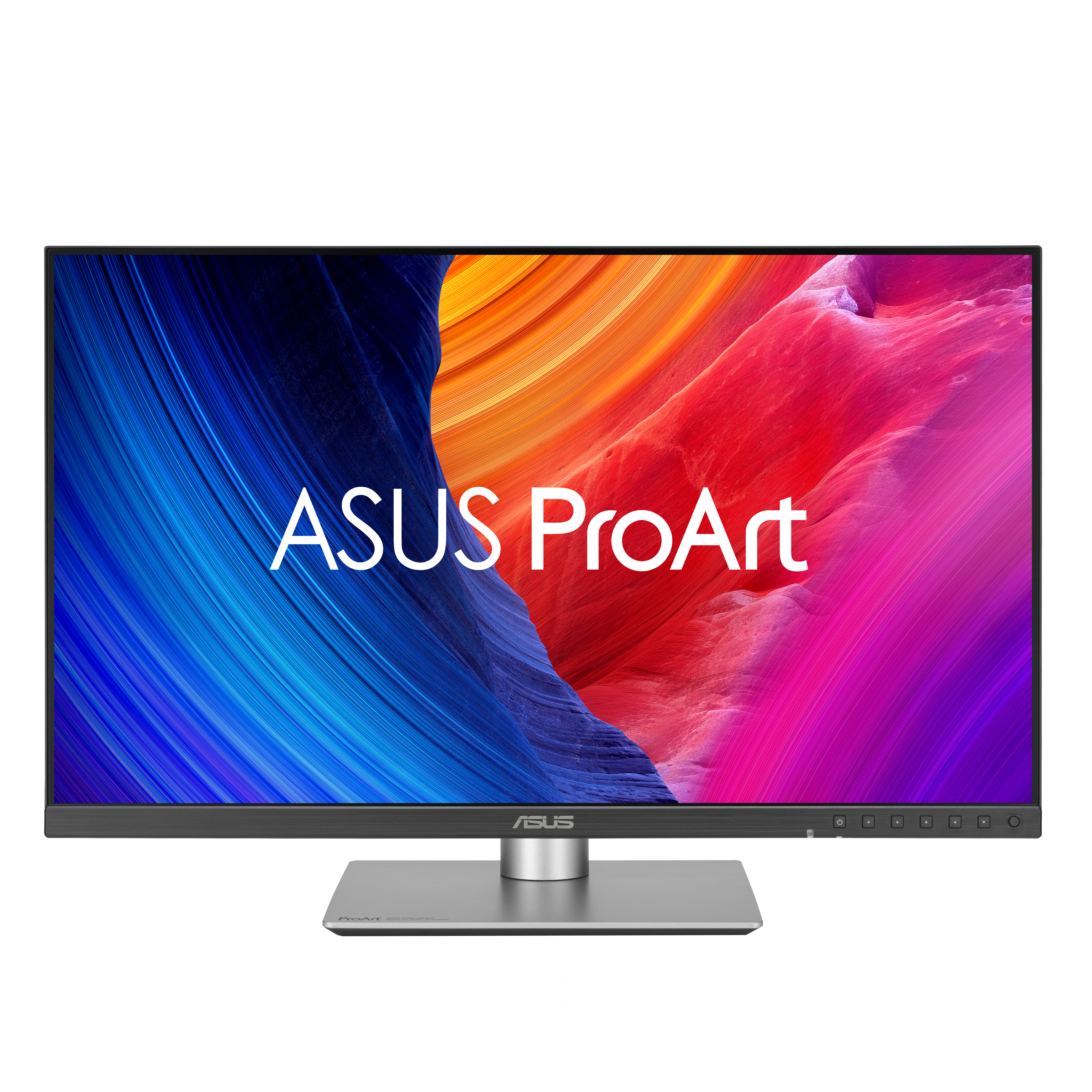 Monitor ASUS ProArt z kolorowym ekranem, szarą podstawą i czarną ramką. Wyświetlacz pokazuje abstrakcyjny wzór w kolorze niebieskim, czerwonym i pomarańczowym.