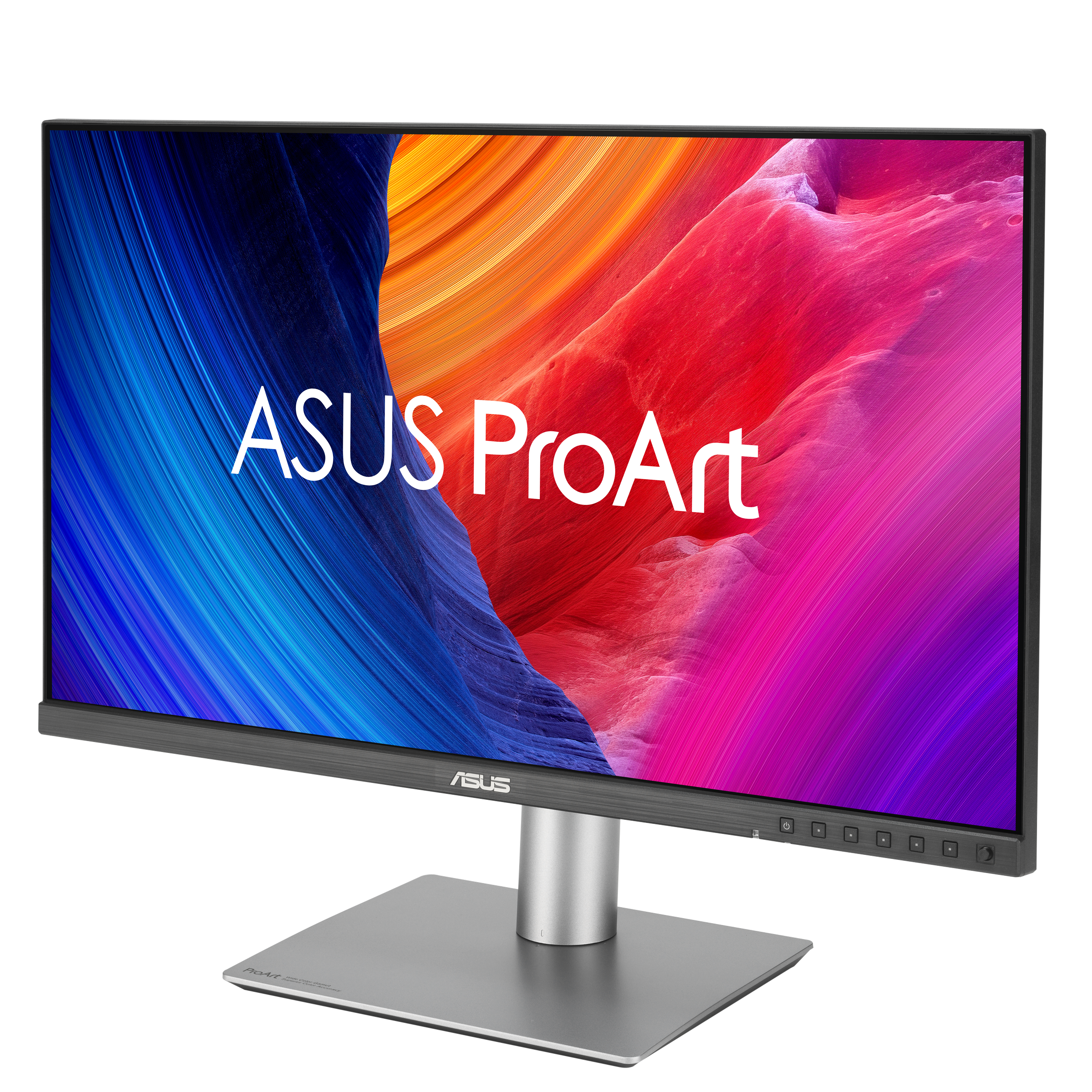 Monitor ASUS ProArt. Ekran wyświetla kolorowe, abstrakcyjne tło. Podstawa jest srebrna i prostokątna.