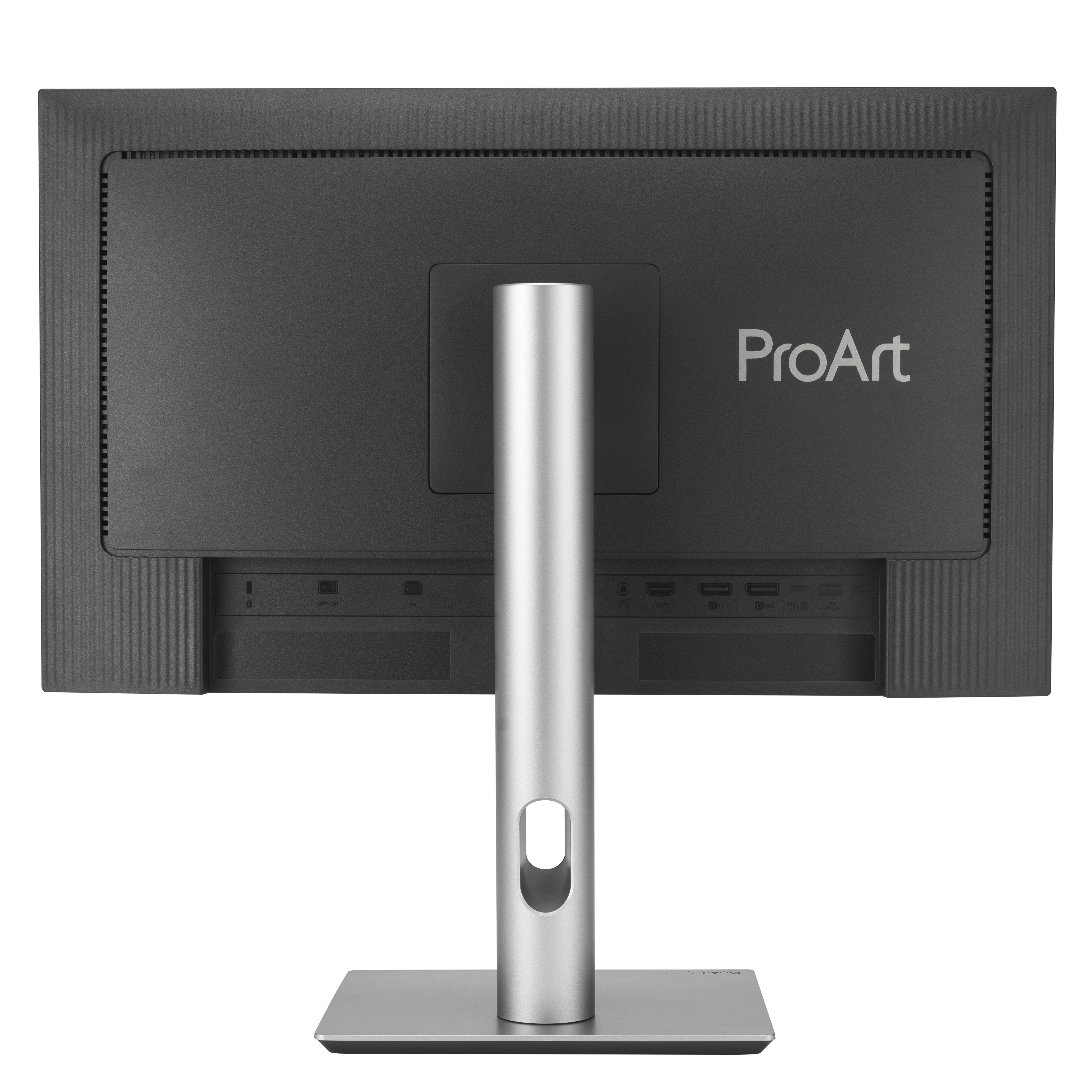 Widok z tyłu czarnego monitora ProArt. Srebrna podstawa podtrzymuje ekran. Widoczne porty i logo ProArt.