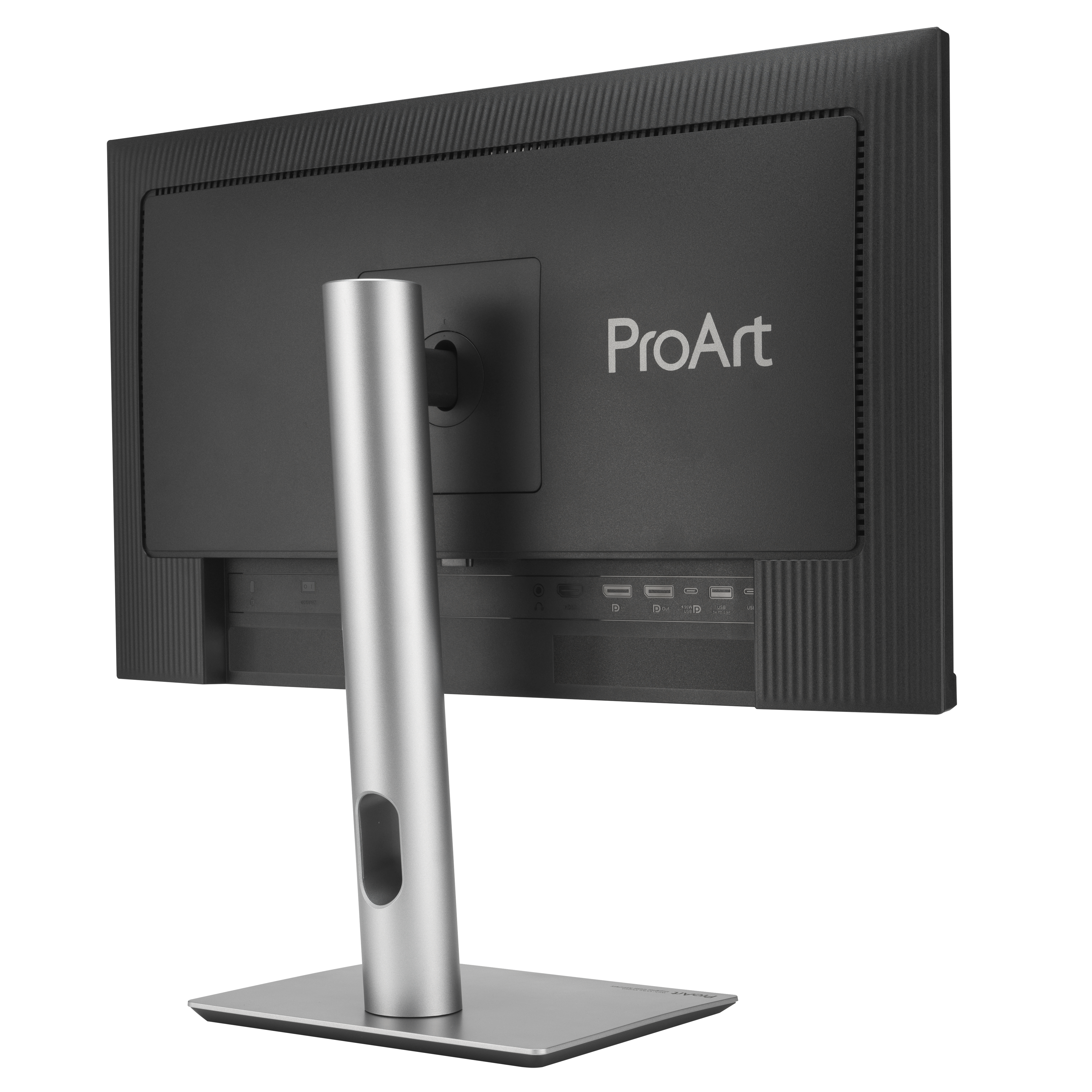 Wyświetlana jest tylna strona czarnego monitora ProArt. Ma srebrną podstawę. Porty są widoczne na dole.