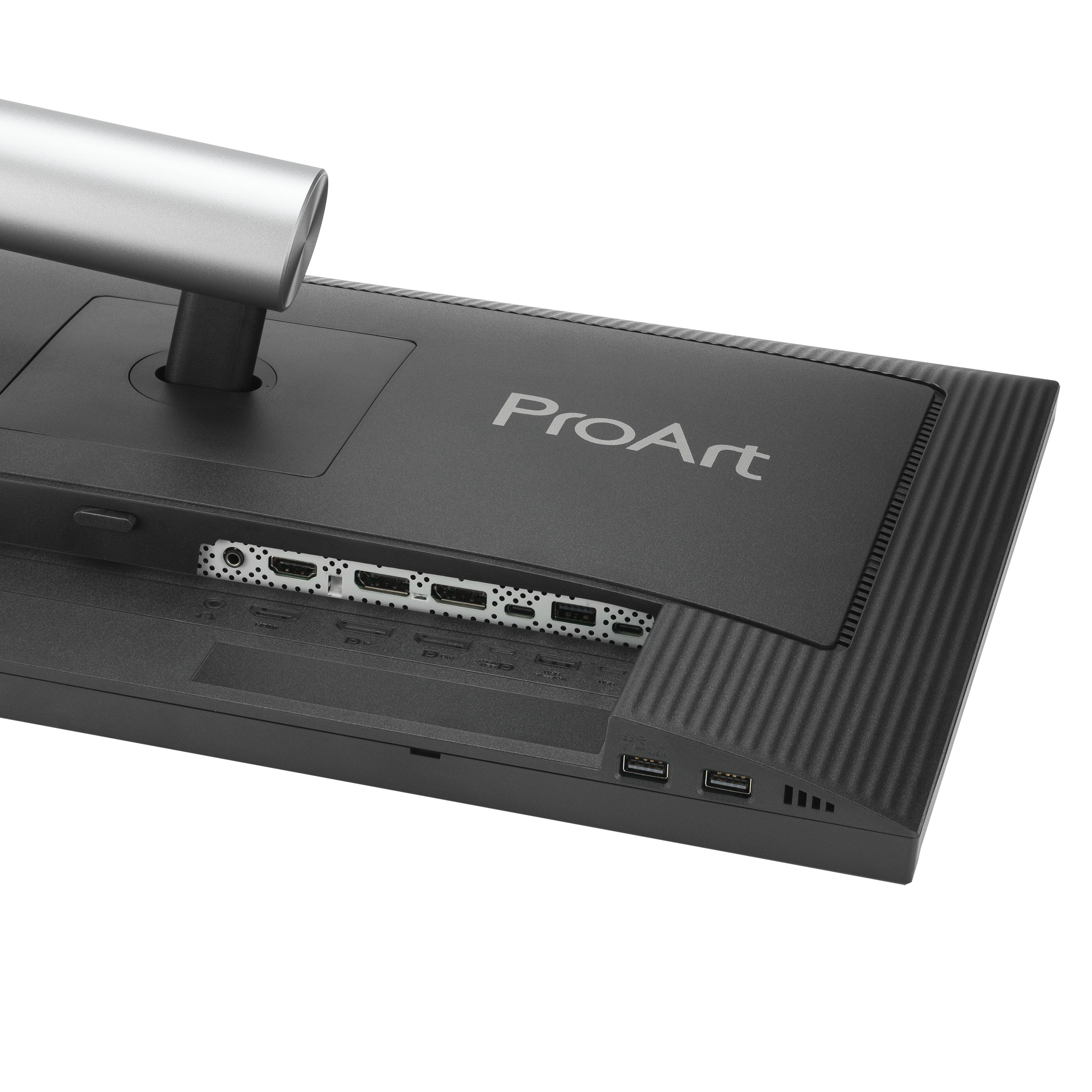 Tył czarnego monitora komputerowego z portami i słowem ProArt w kolorze szarym.