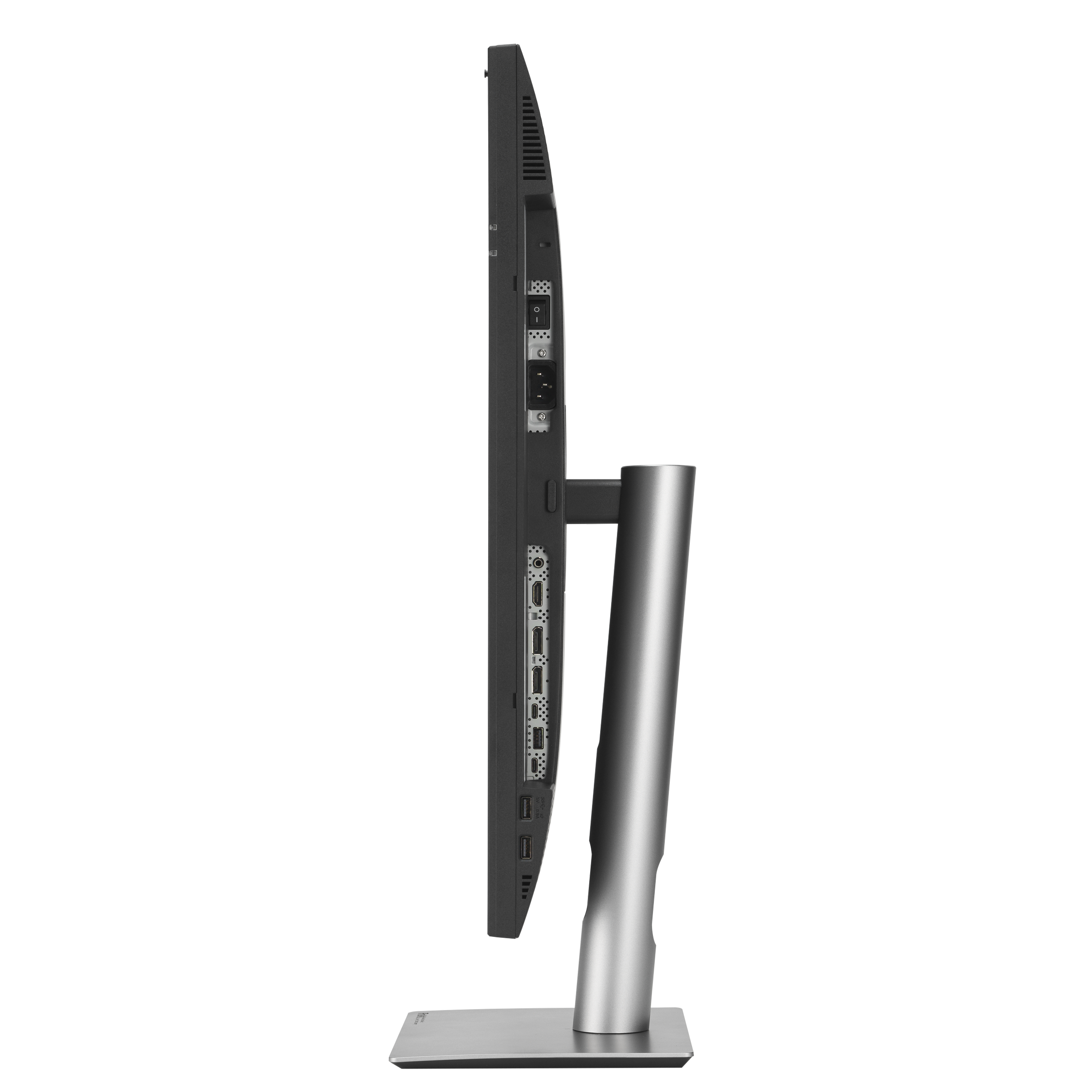 Widok z boku czarnego monitora komputera ze srebrną podstawą, widoczne porty.