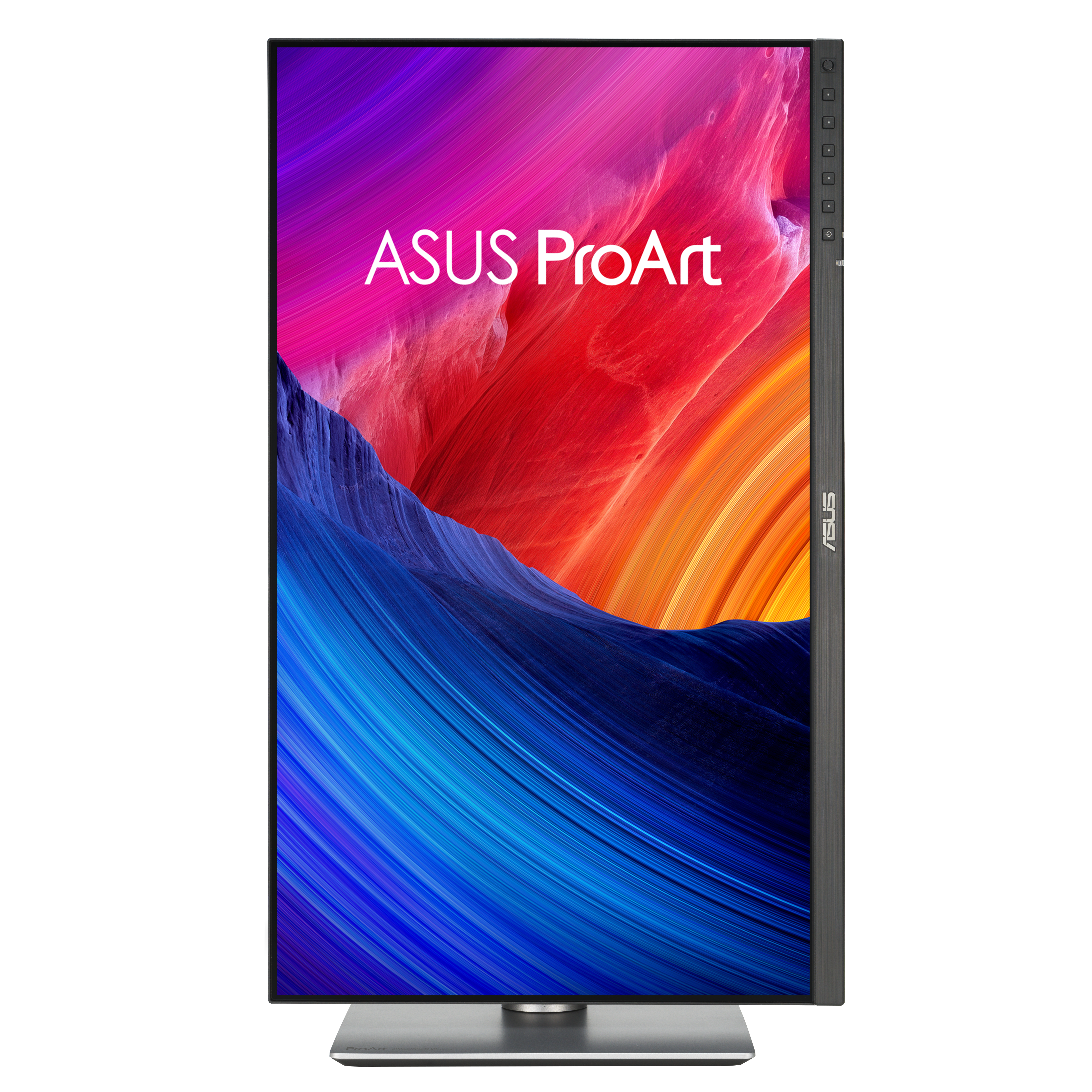 Monitor ASUS ProArt z kolorowym, abstrakcyjnym wyświetlaczem. Ma ciemną ramę i srebrną podstawę.
