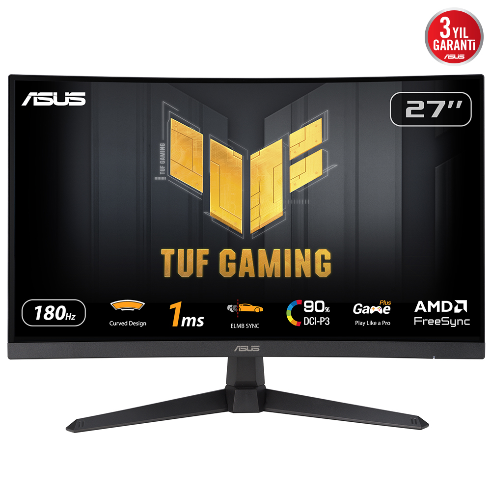 Czarny monitor ASUS TUF Gaming 27" z zakrzywionym ekranem. Posiada 180 Hz, 1 ms, ELMB SYNC, 90% DCI-P3 i AMD FreeSync. 3 lata gwarancji.